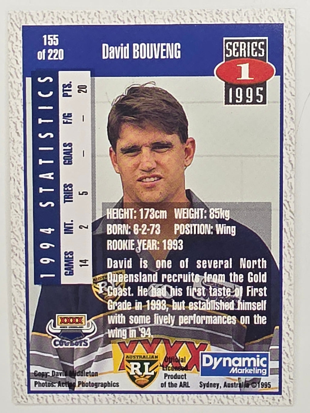 NRL 1995 Dynamic Series 1 Base Card #155 David Bouveng North Queensland Cowboys
