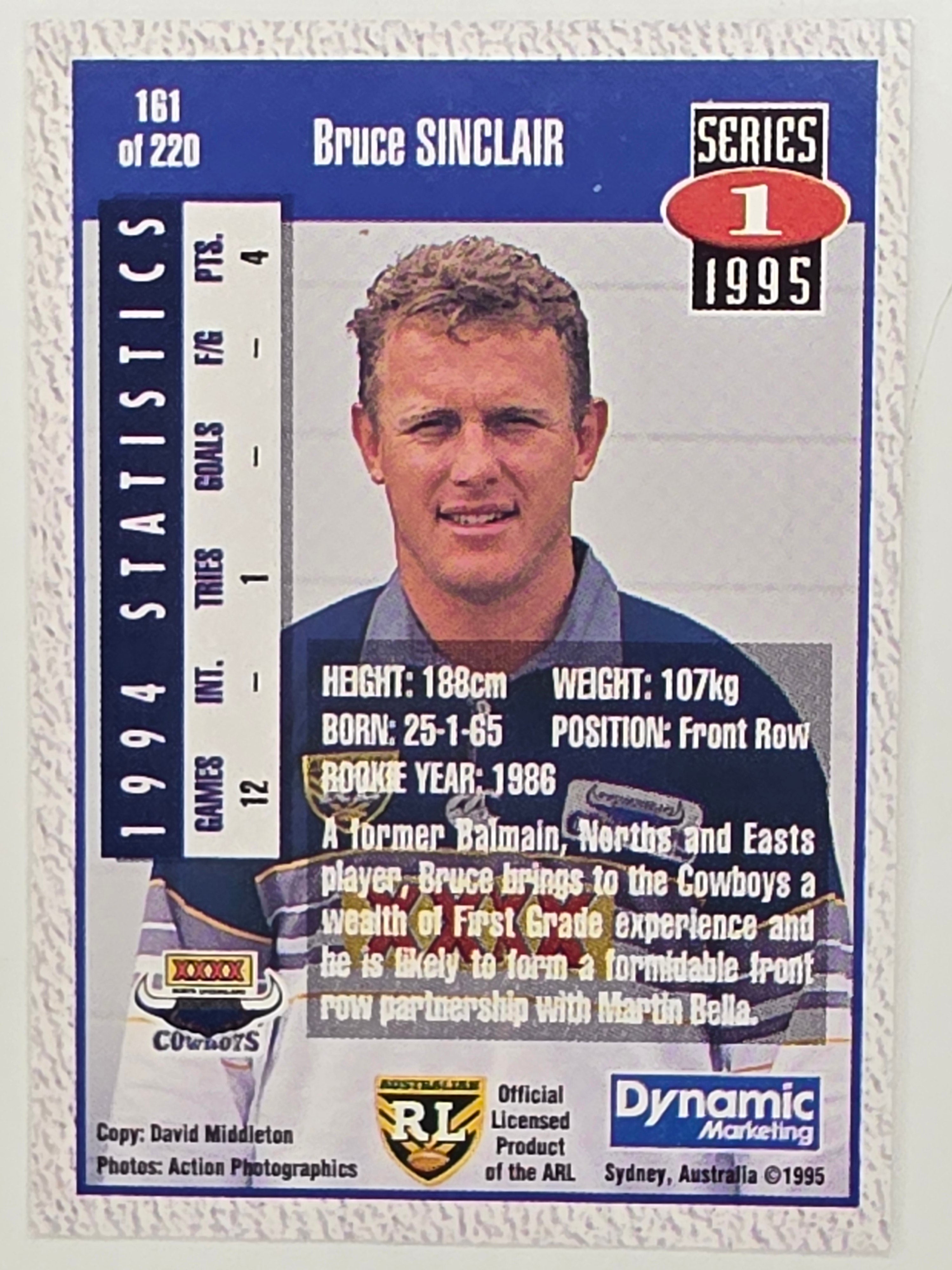 NRL 1995 Dynamic Series 1 Base Card #161 Bruce Sinclair North Queensland Cowboys