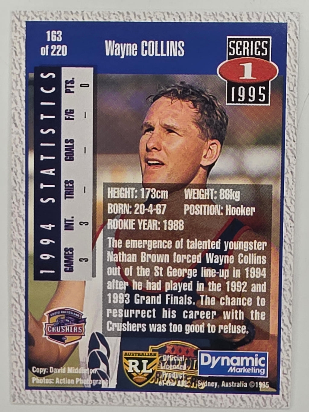 NRL 1995 Dynamic Series 1 Base Card #163 Wayne Collins South Queensland Crushers