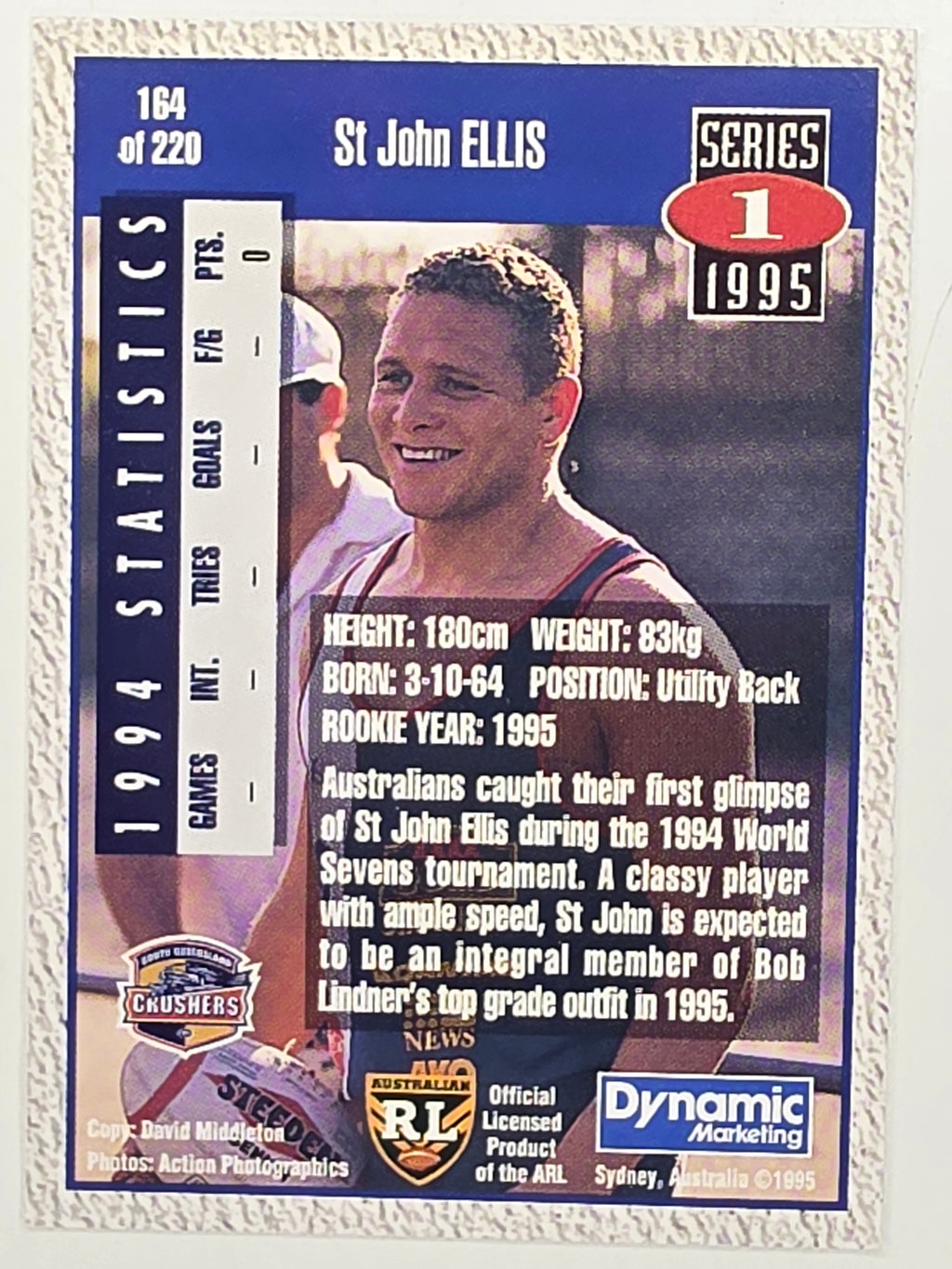 NRL 1995 Dynamic Series 1 Base Card #164 St John Ellis South Queensland Crushers