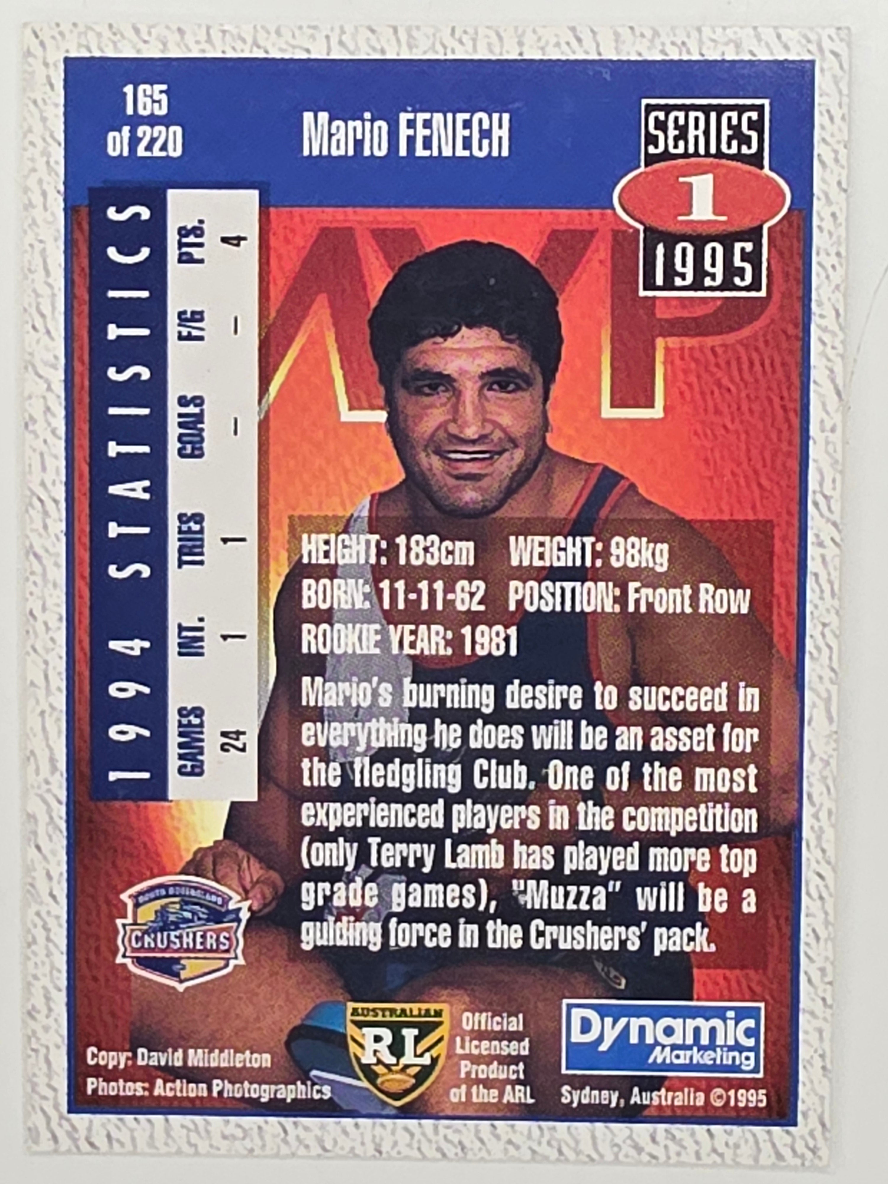 NRL 1995 Dynamic Series 1 Base Card #165 Mario Fenech South Queensland Crushers