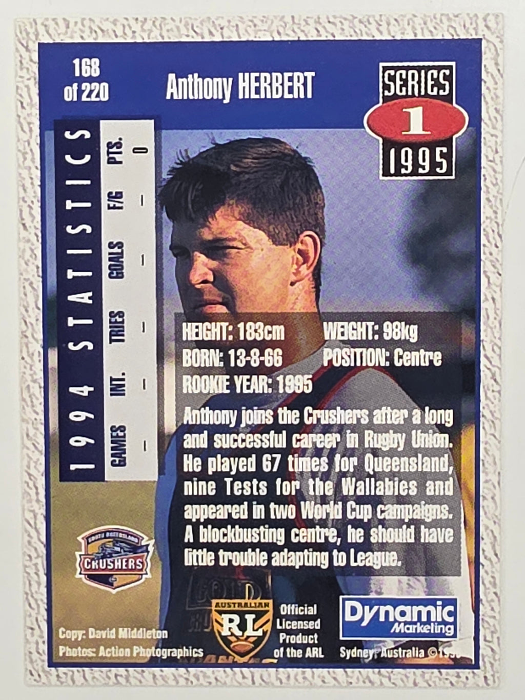 NRL 1995 Dynamic Series 1 Base Card #168 Anthony Herbert South Queensland Crushers