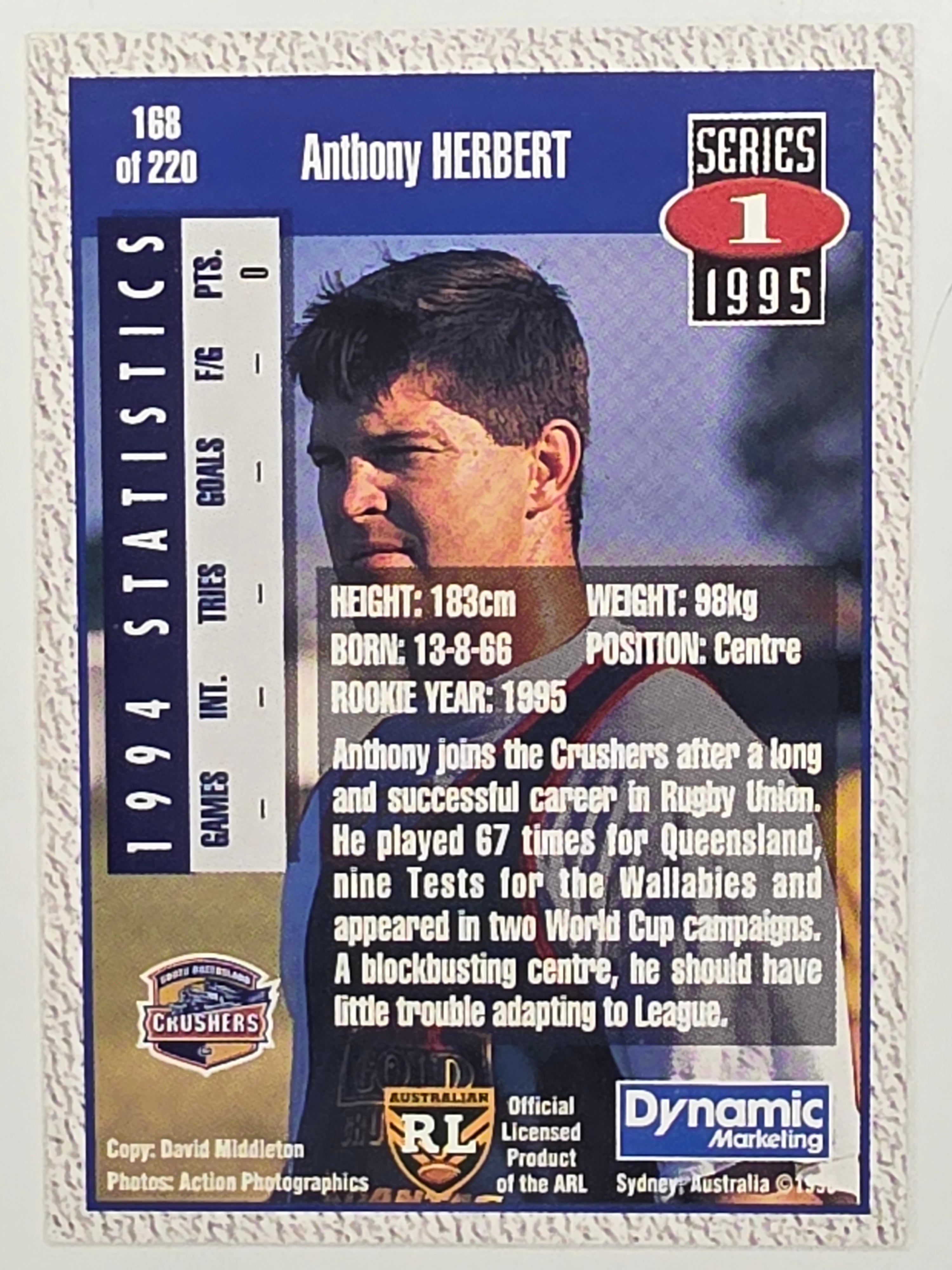 NRL 1995 Dynamic Series 1 Base Card #168 Anthony Herbert South Queensland Crushers