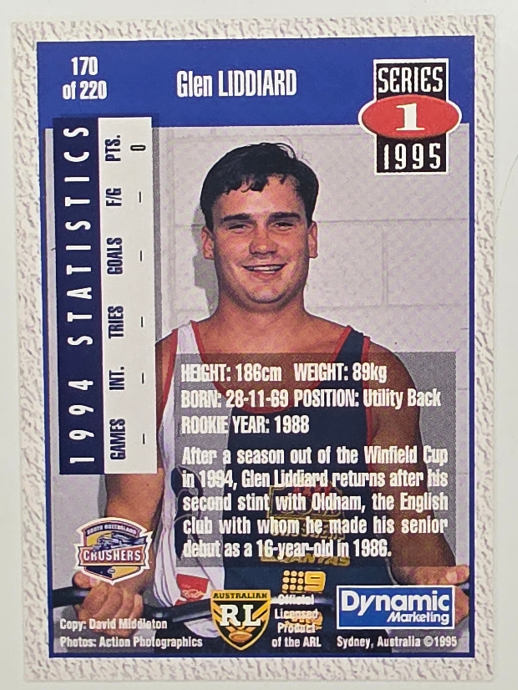 NRL 1995 Dynamic Series 1 Base Card #170 Glen Liddiard South Queensland Crushers