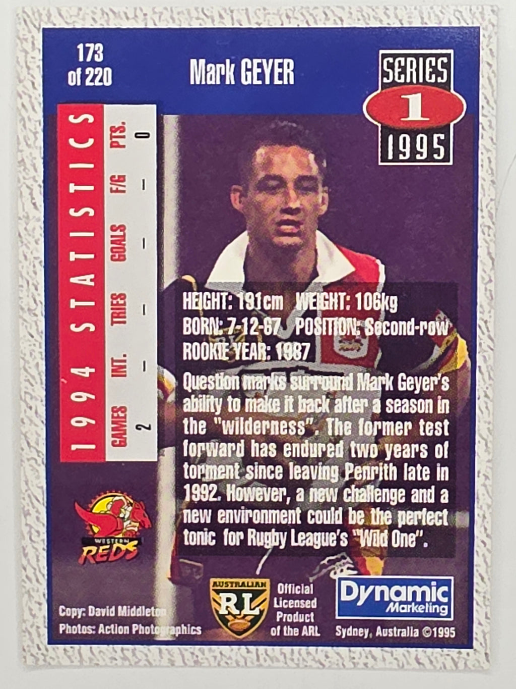 NRL 1995 Dynamic Series 1 Base Card #173 Mark Geyer Western Reds