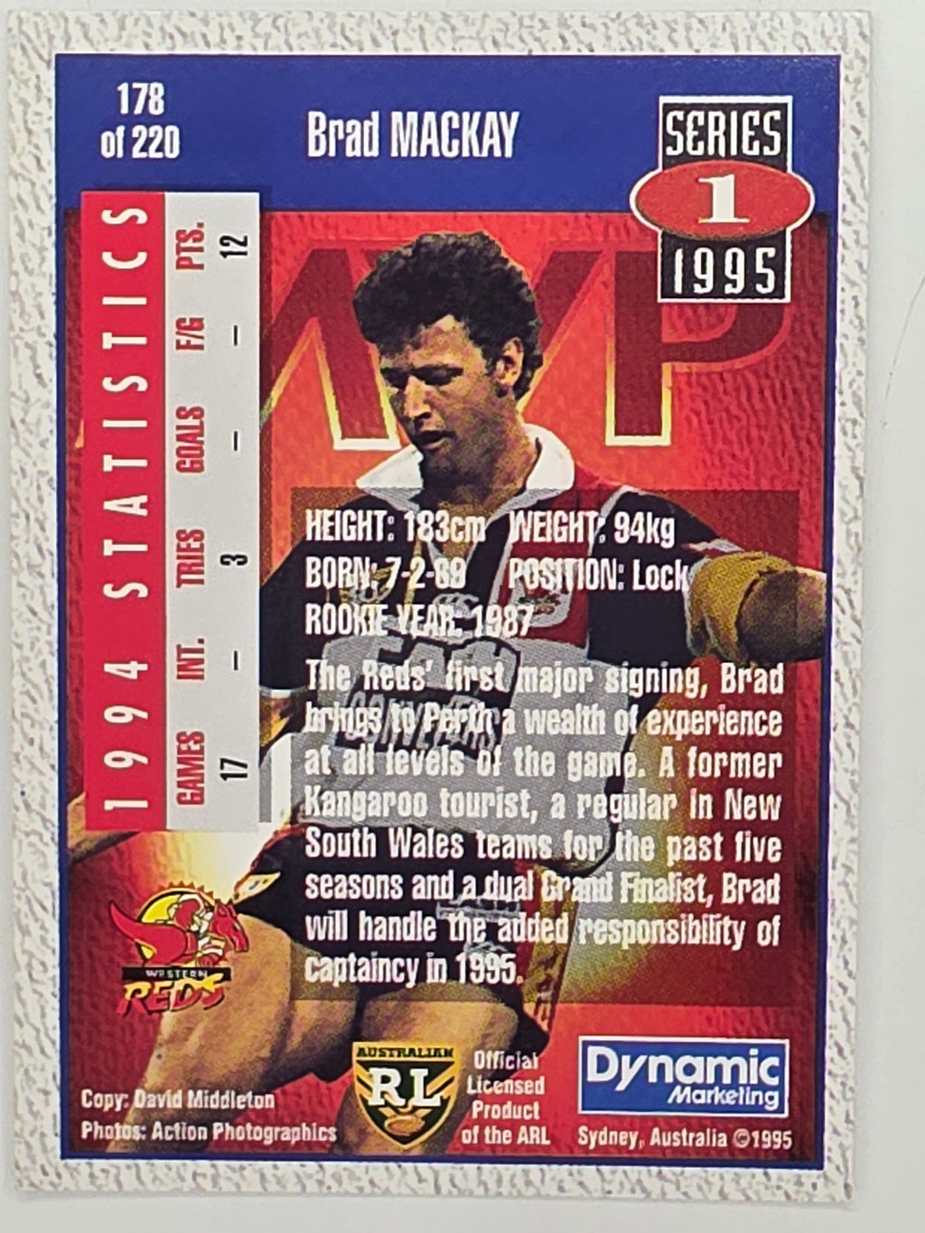 NRL 1995 Dynamic Series 1 Base Card #178 Brad Mackay Western Reds