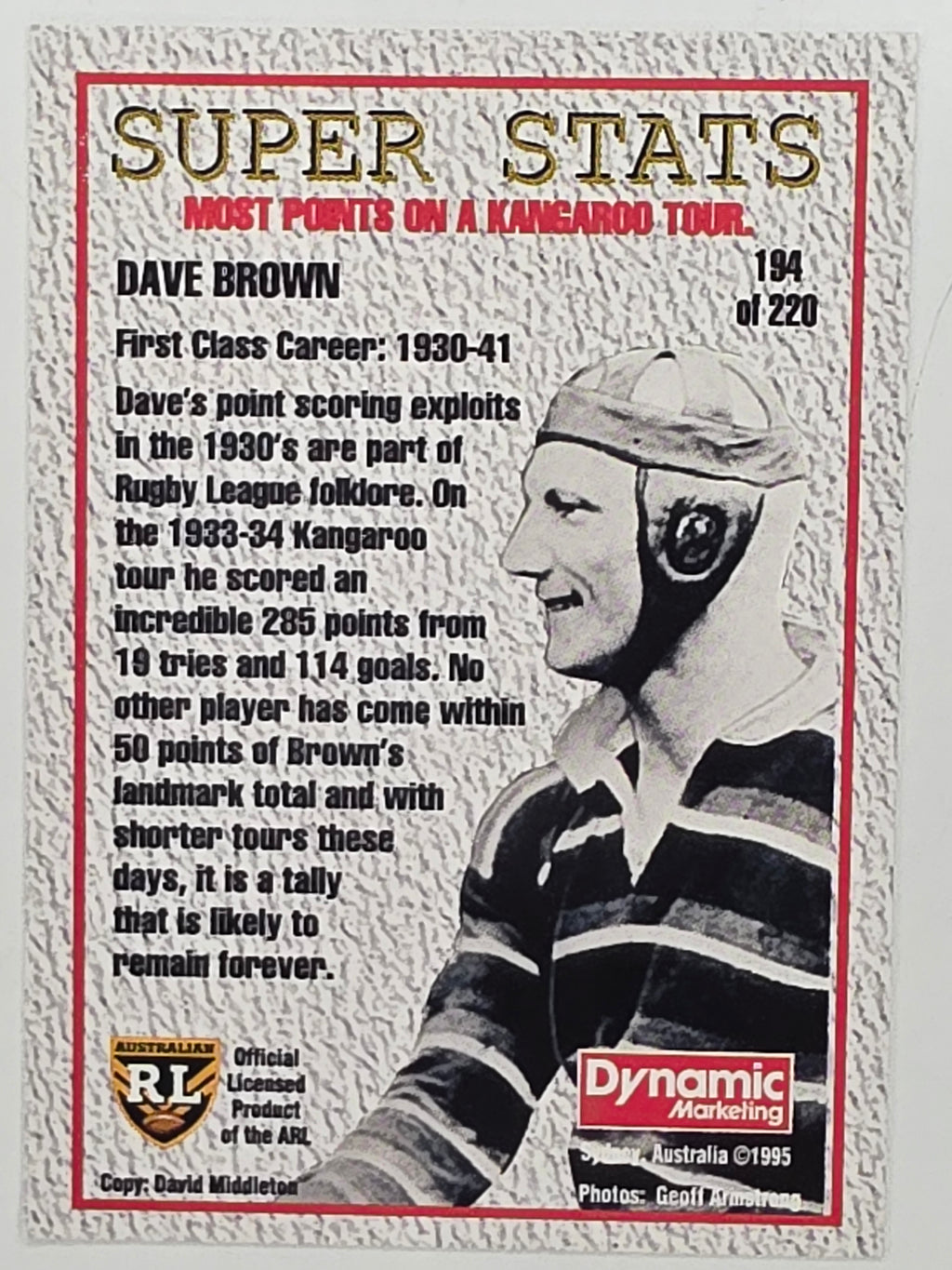 NRL 1995 Dynamic Series 1 Base Card #194 Dave Brown Eastern Suburbs Roosters