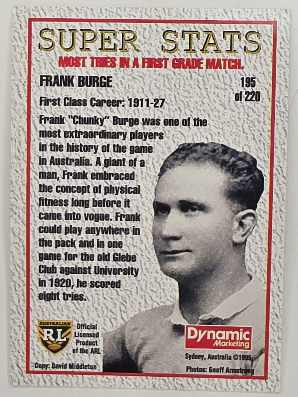 NRL 1995 Dynamic Series 1 Base Card #195 Frank Burge Glebe
