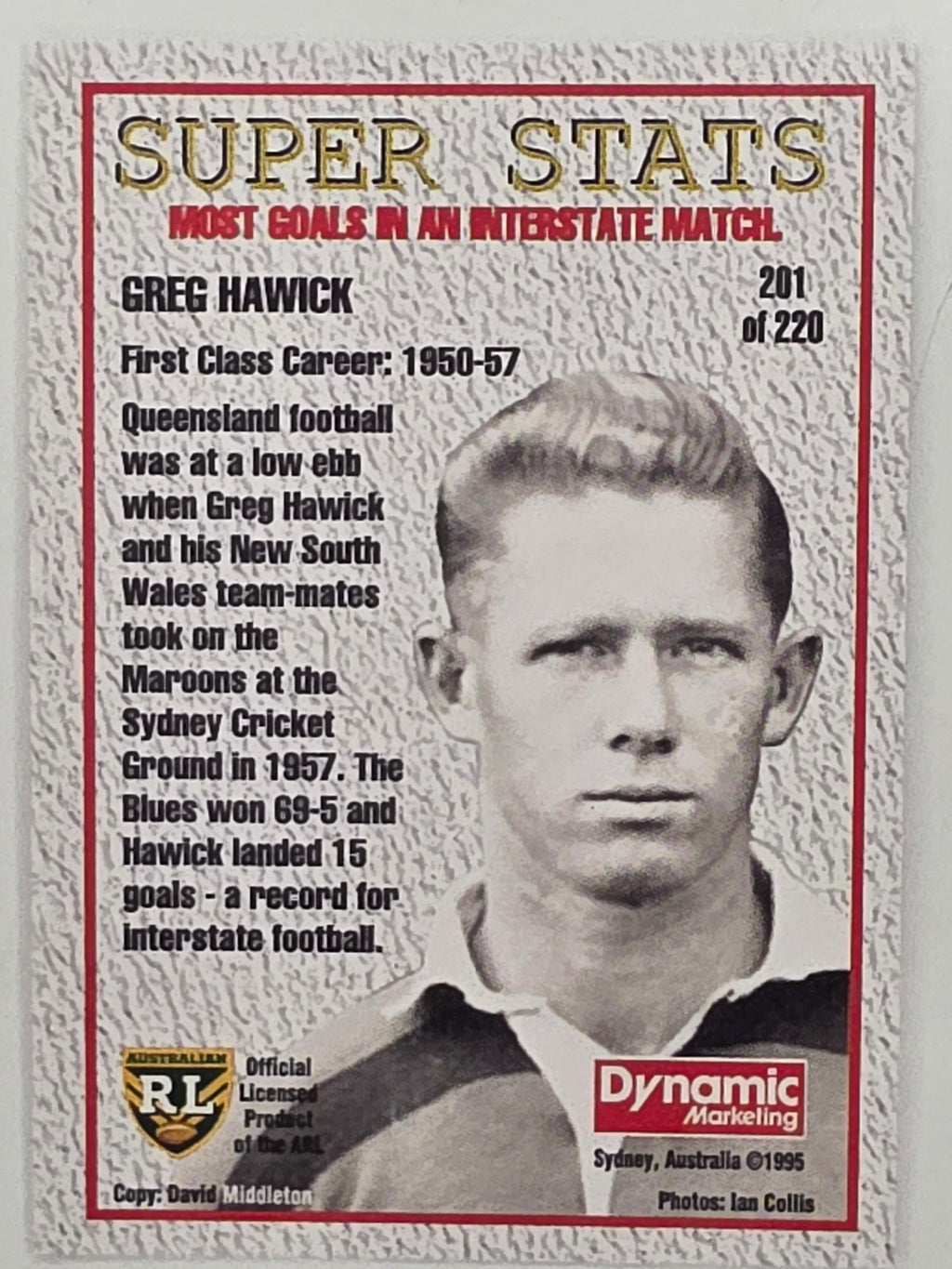 NRL 1995 Dynamic Series 1 Base Card #201 Greg Harwick South Sydney Rabbitohs