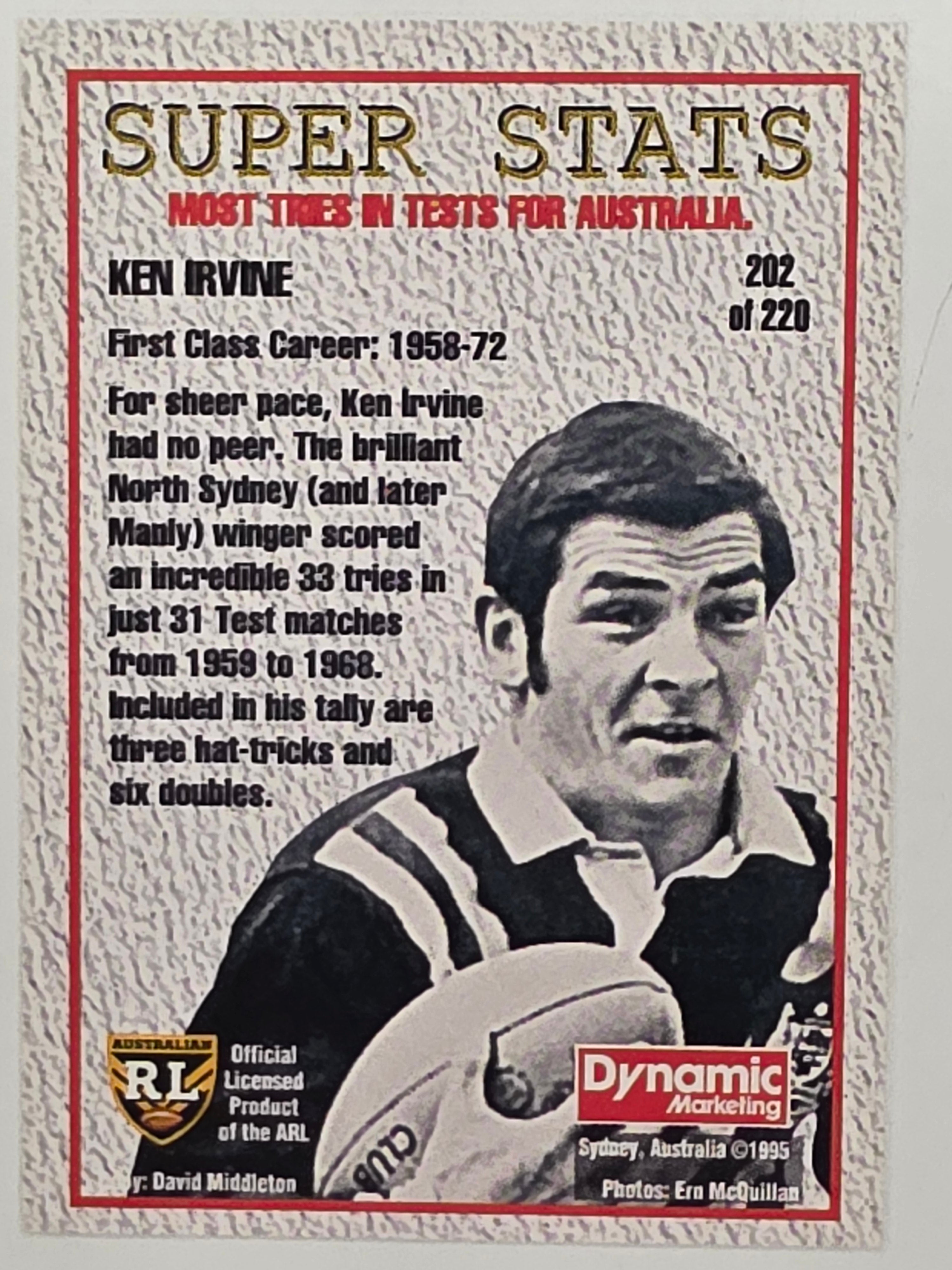 NRL 1995 Dynamic Series 1 Base Card #202 Ken Irvine North Sydney Bears