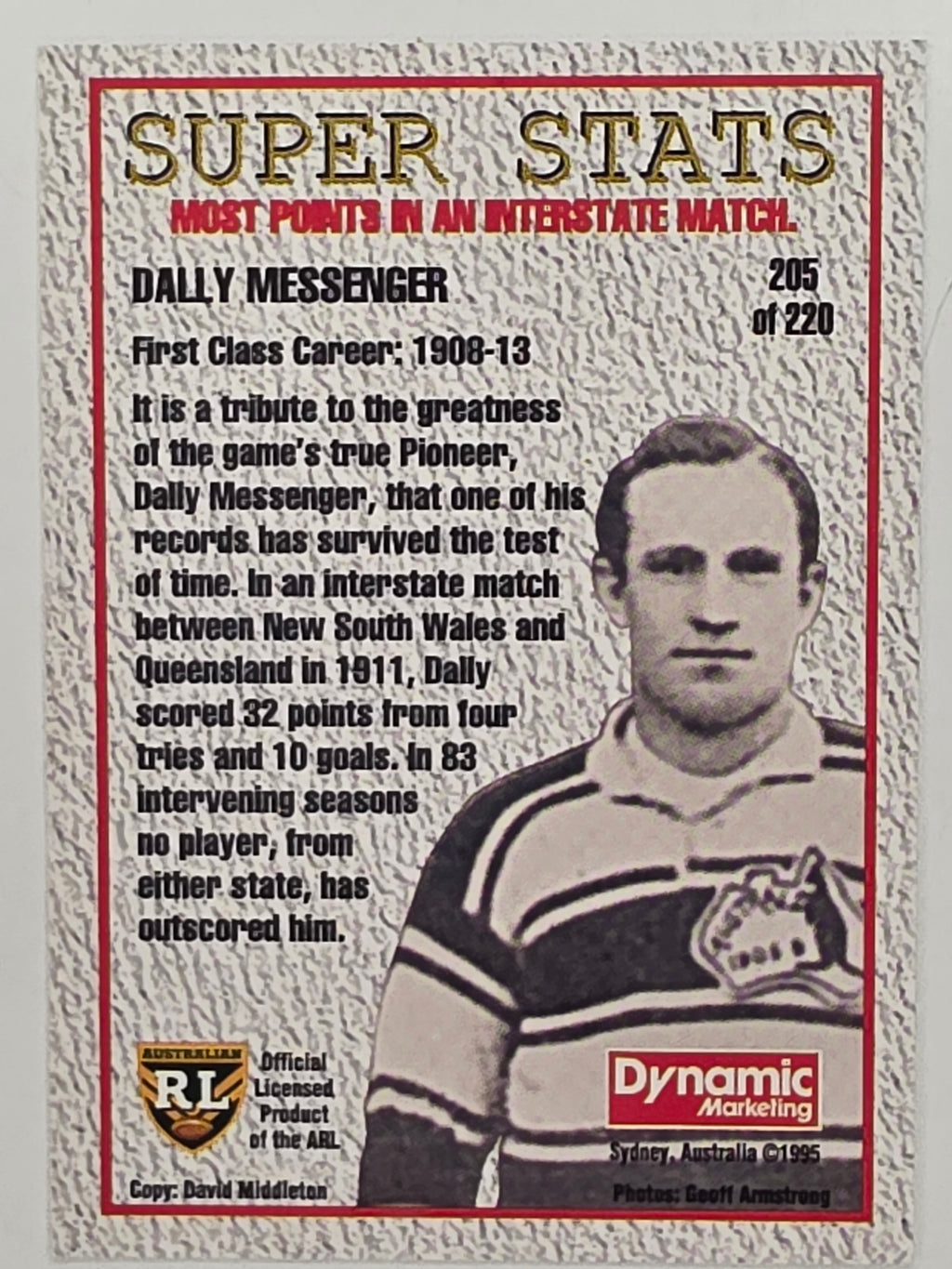 NRL 1995 Dynamic Series 1 Base Card #205 Dally Messenger Eastern Suburbs Roosters