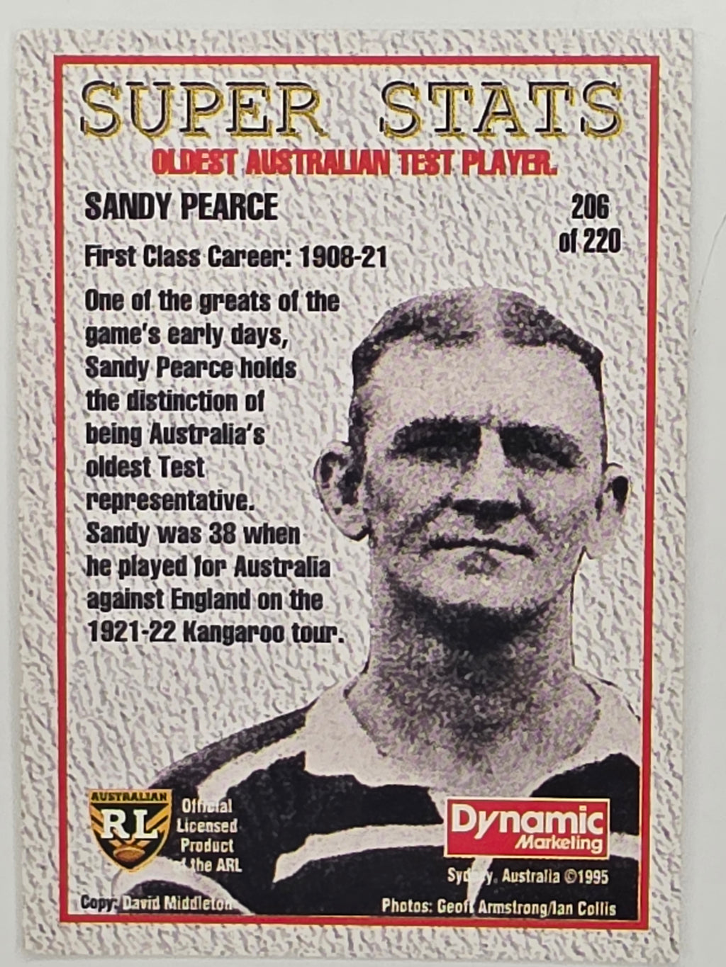 NRL 1995 Dynamic Series 1 Base Card #206 Sandy Pearce Eastern Suburbs Roosters
