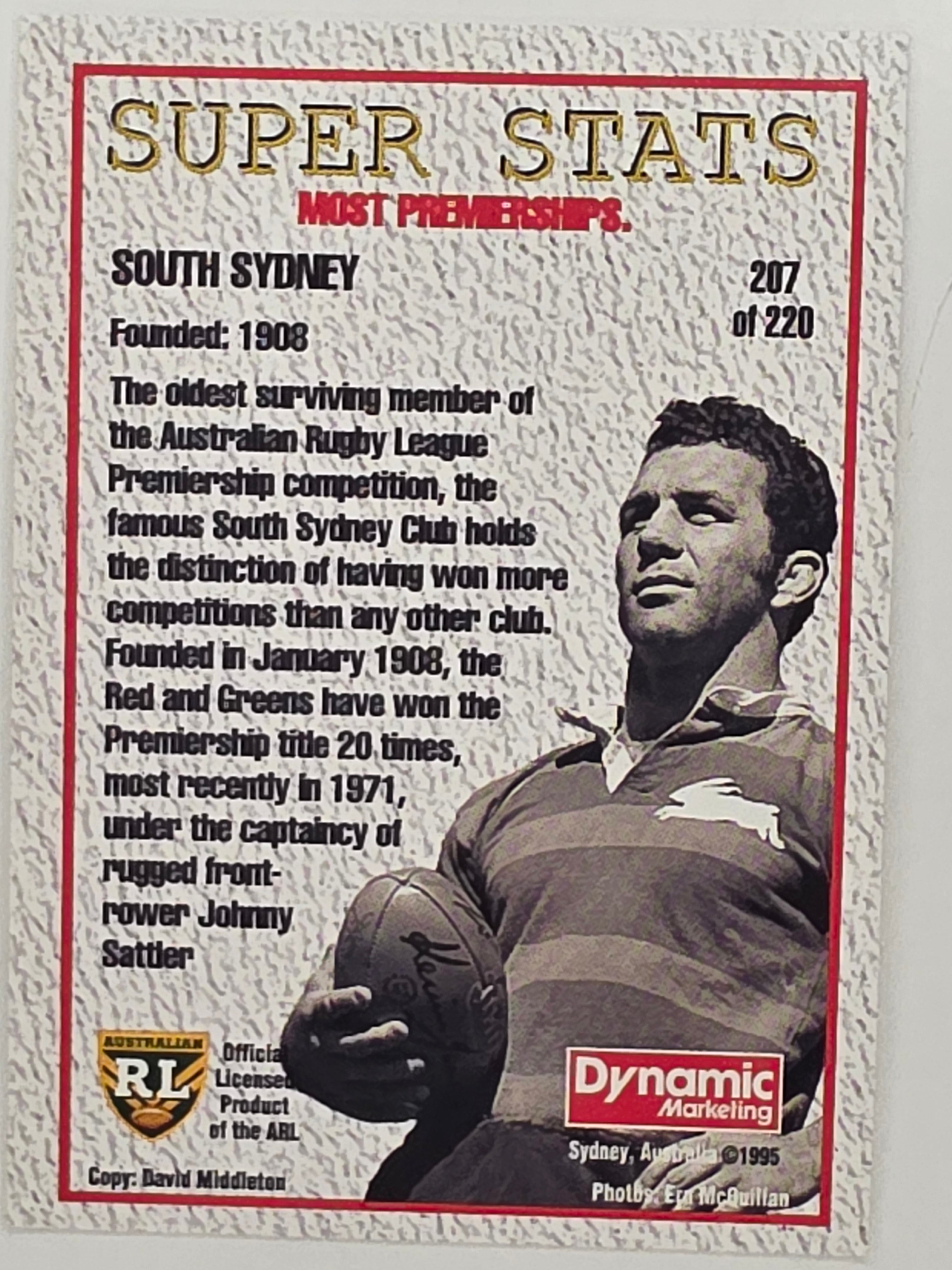 NRL 1995 Dynamic Series 1 Base Card #207 South Sydney Rabbitohs South Sydney Rabbitohs