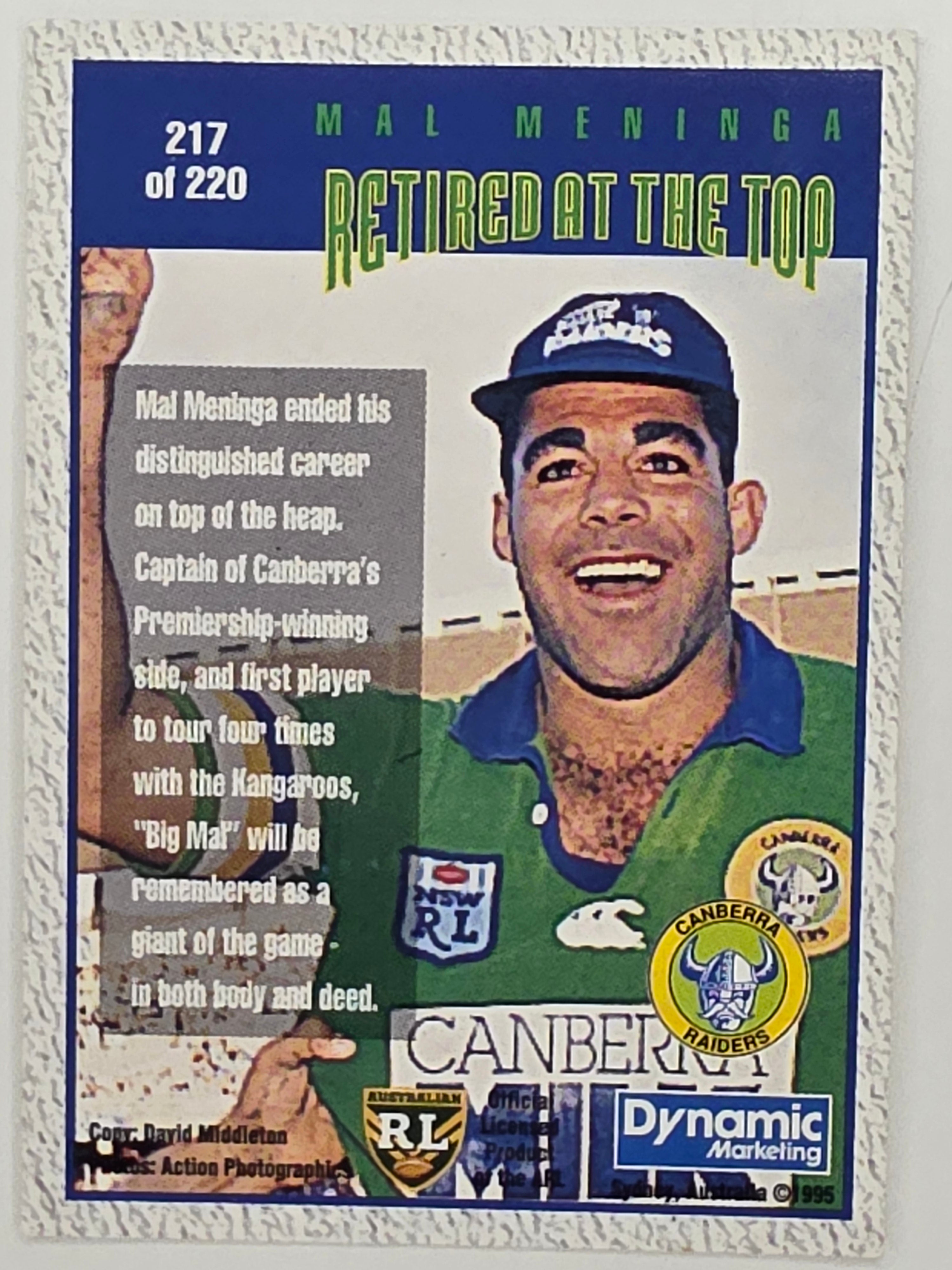 NRL 1995 Dynamic Series 1 Base Card #217 Mal Meninga Canberra Raiders