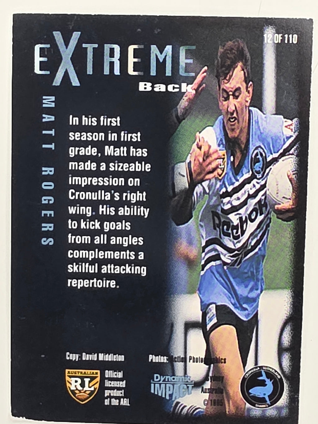 1995 Dynamic Series 3 Winfield Cup Tribute #012 Matt Rogers Cronulla Sutherland Sharks