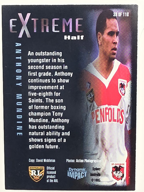 1995 Dynamic Series 3 Winfield Cup Tribute #038 Anthony Mundine St George Dragons