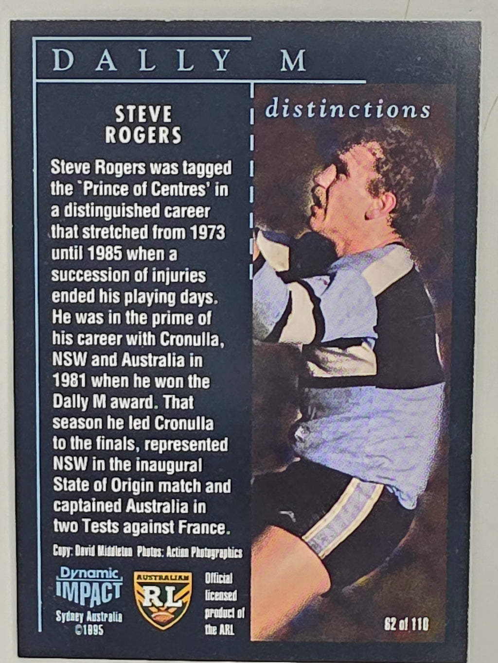 1995 Dynamic Series 3 Winfield Cup Tribute #062 Steve Rogers Cronulla Sutherland Sharks