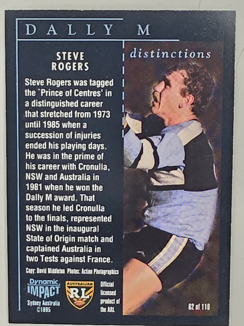 1995 Dynamic Series 3 Winfield Cup Tribute #062 Steve Rogers Cronulla Sutherland Sharks
