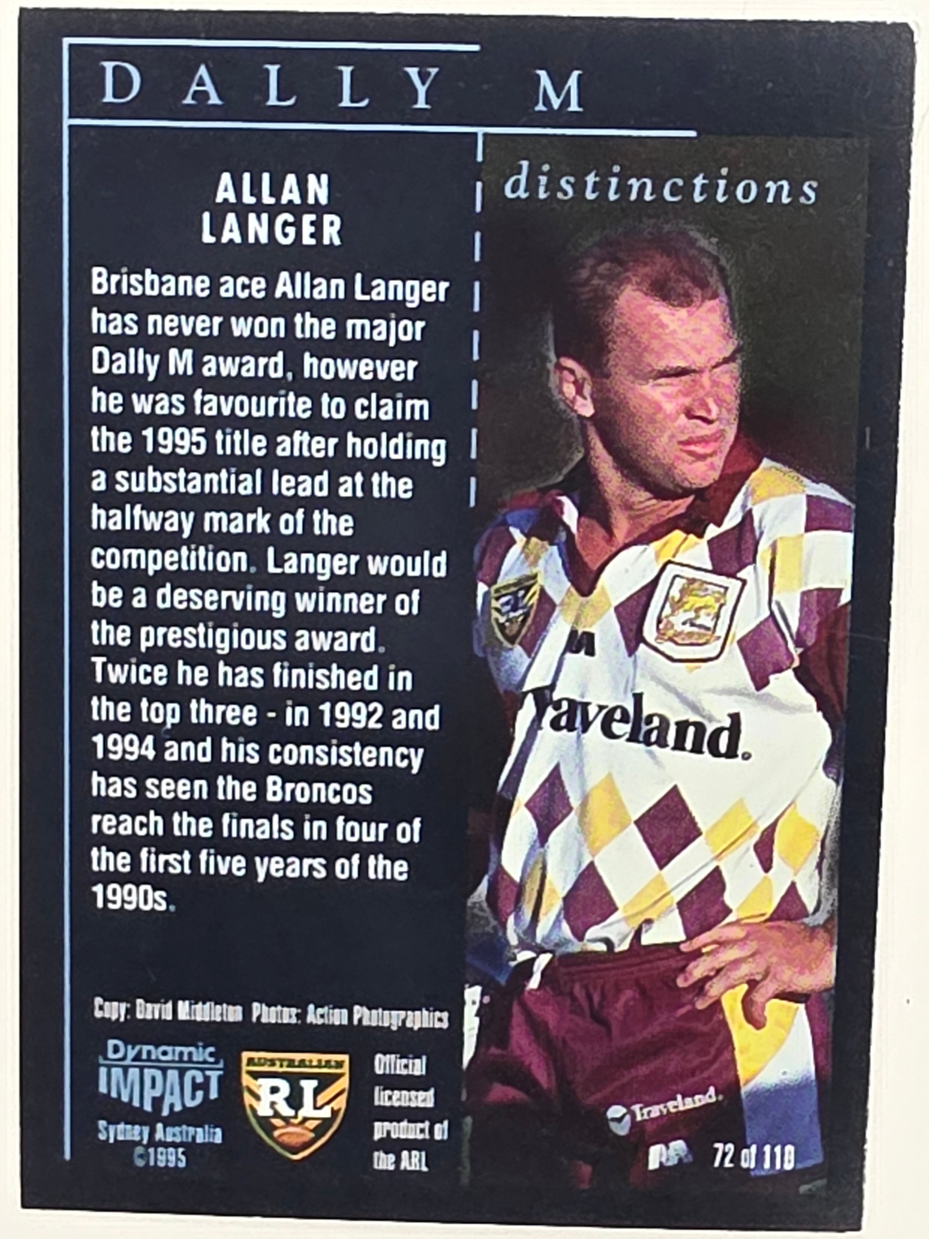 1995 Dynamic Series 3 Winfield Cup Tribute #072 Allan Langer Brisbane Broncos