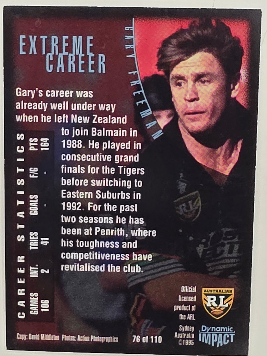 1995 Dynamic Series 3 Winfield Cup Tribute #076 Gary Freeman Penrith Panthers
