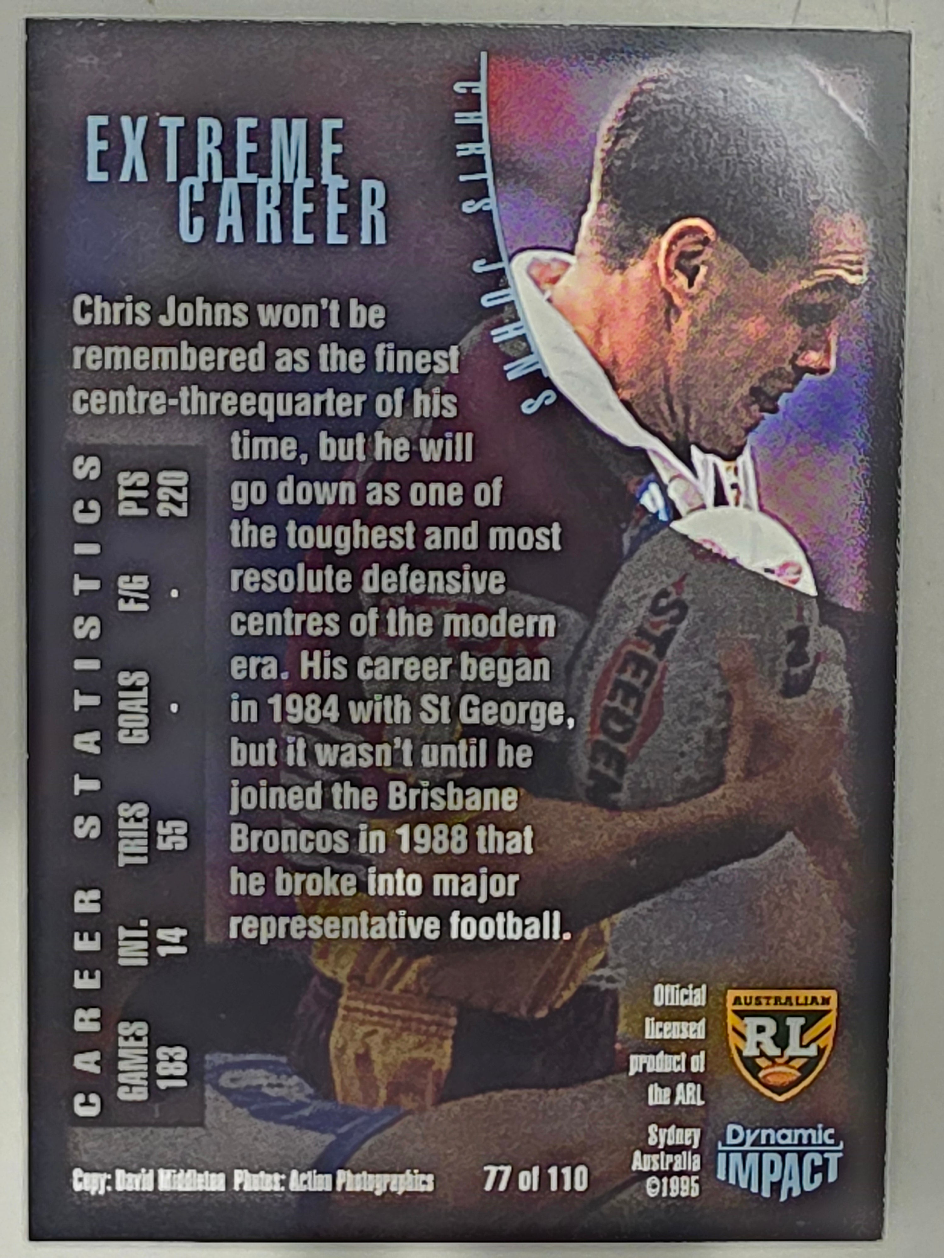 1995 Dynamic Series 3 Winfield Cup Tribute #077 Chris Johns Brisbane Broncos