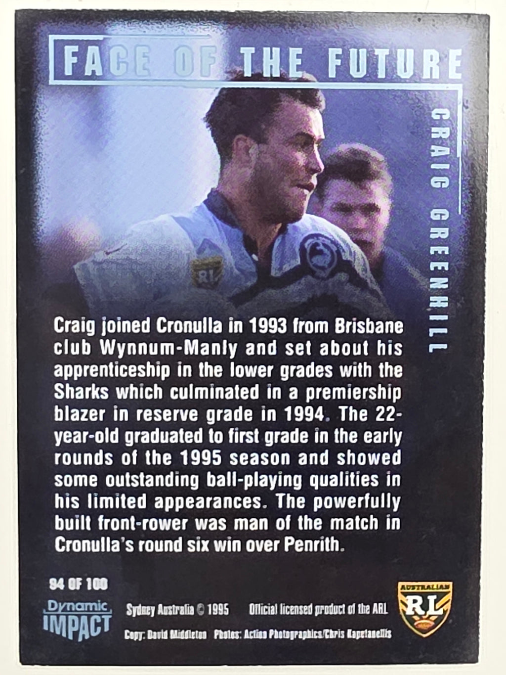 1995 Dynamic Series 3 Winfield Cup Tribute #094 Craig Greenhill Cronulla Sutherland Sharks