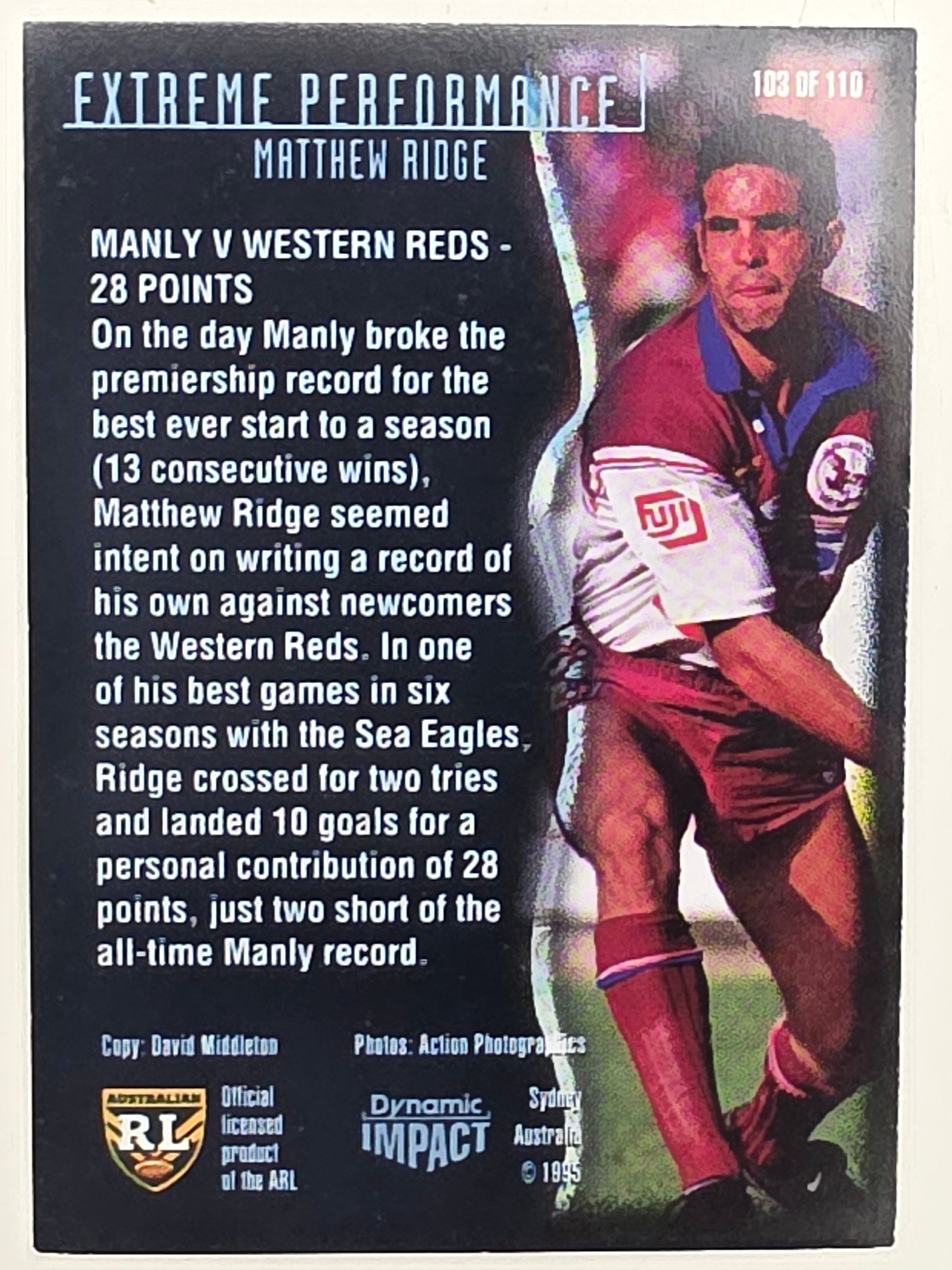 1995 Dynamic Series 3 Winfield Cup Tribute #103 Matthew Ridge Manly Warringah Sea Eagles