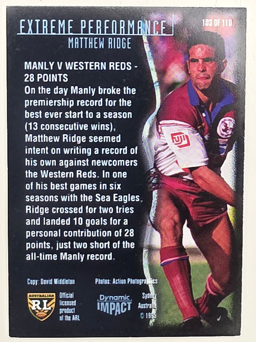 1995 Dynamic Series 3 Winfield Cup Tribute #103 Matthew Ridge Manly Warringah Sea Eagles