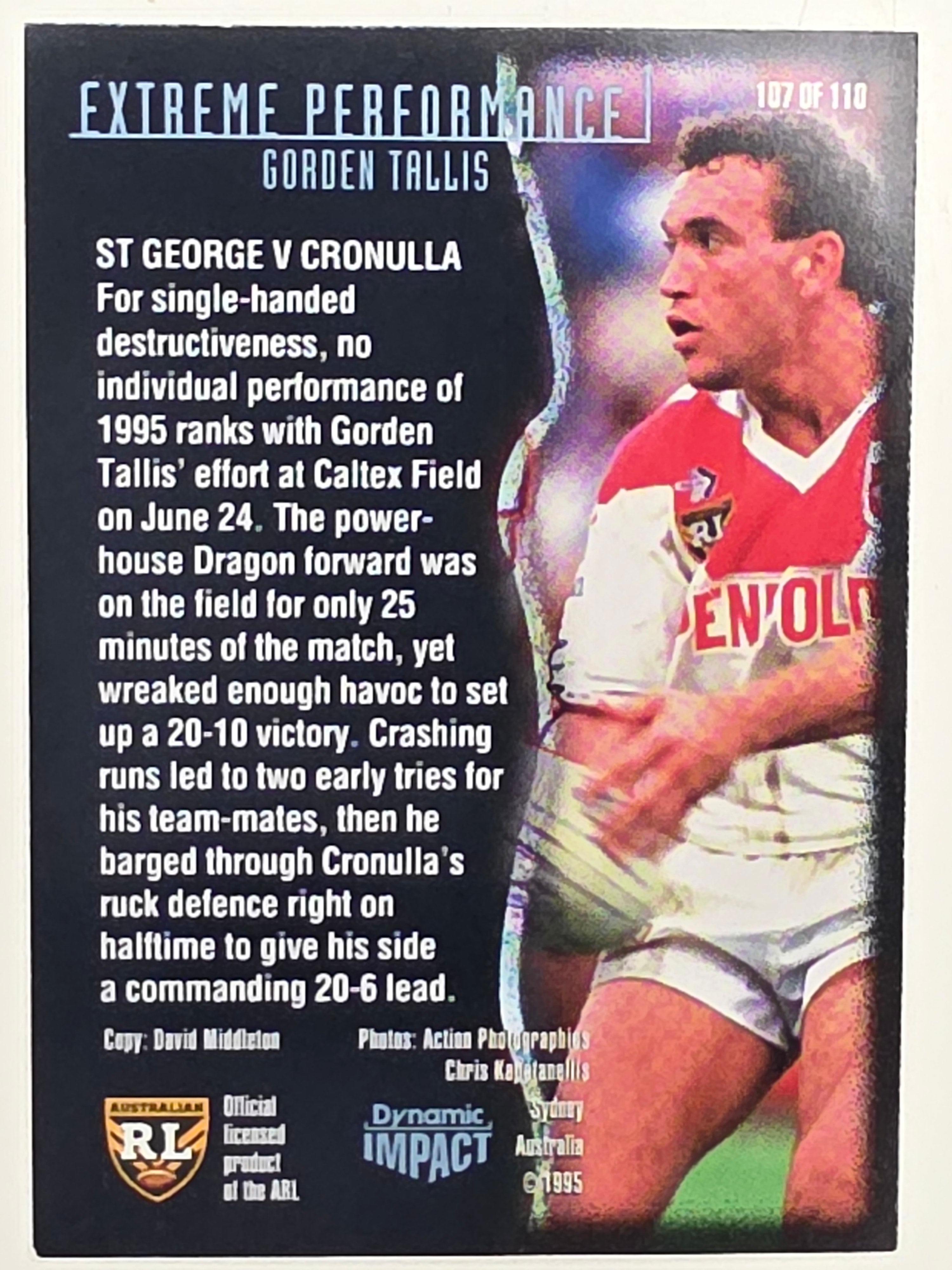 1995 Dynamic Series 3 Winfield Cup Tribute #107 Gorden Tallis St George Dragons