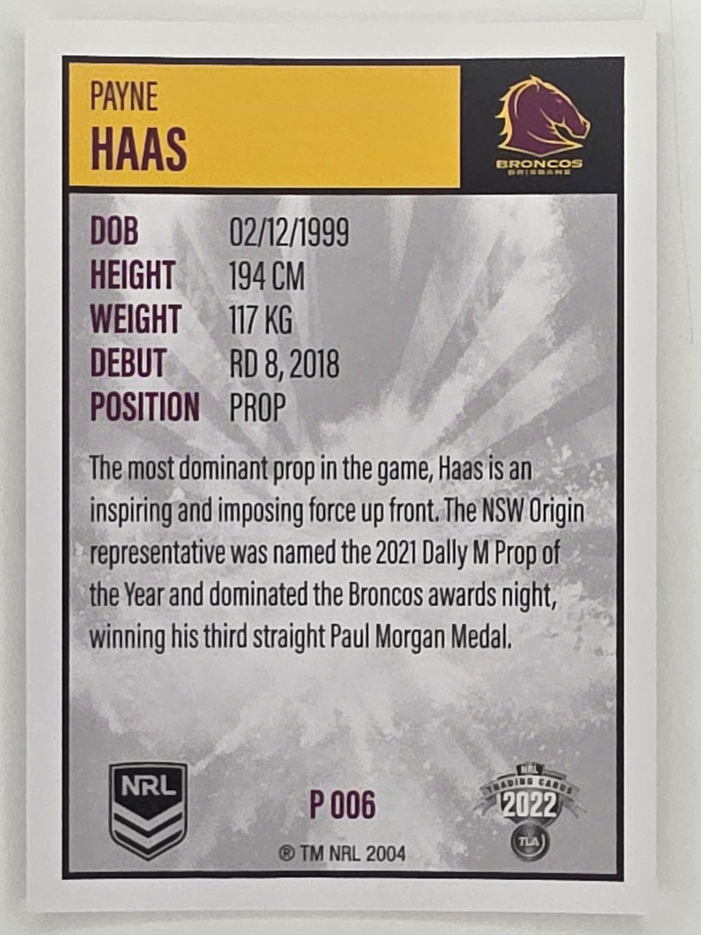 NRL 2022 Elite Silver Parallel #006 Payne Haas Brisbane Broncos