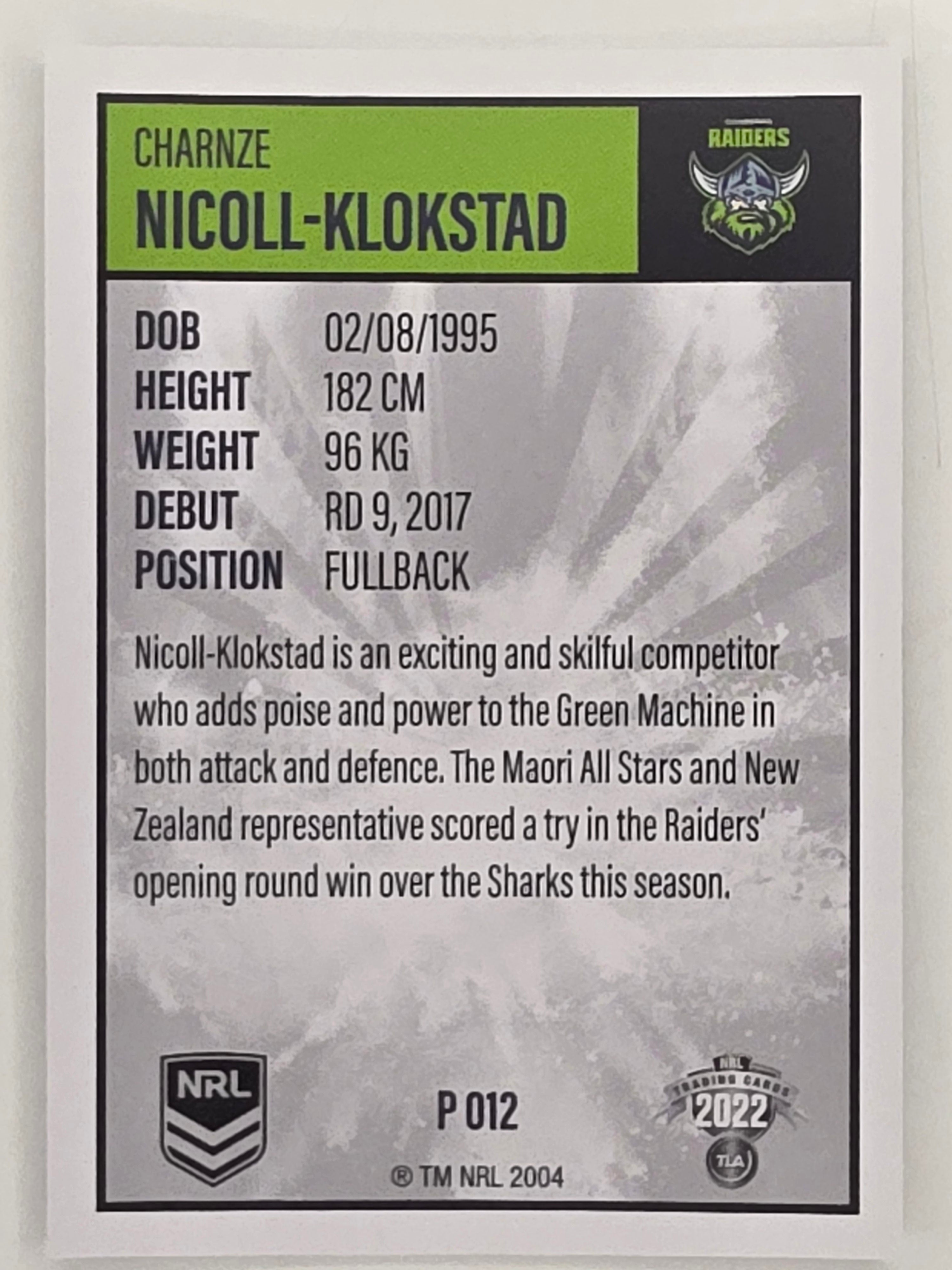 NRL 2022 Elite Silver Parallel #012 Charnze Nicoll-Klokstad Canberra Raiders