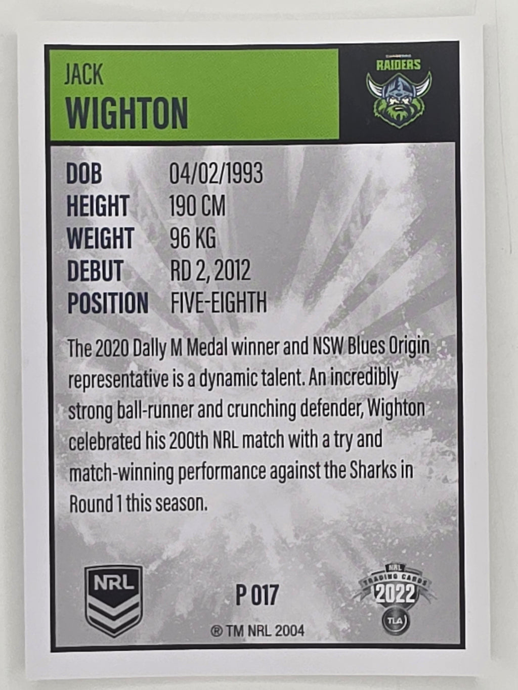 NRL 2022 Elite Silver Parallel #017 Jack Wighton Canberra Raiders