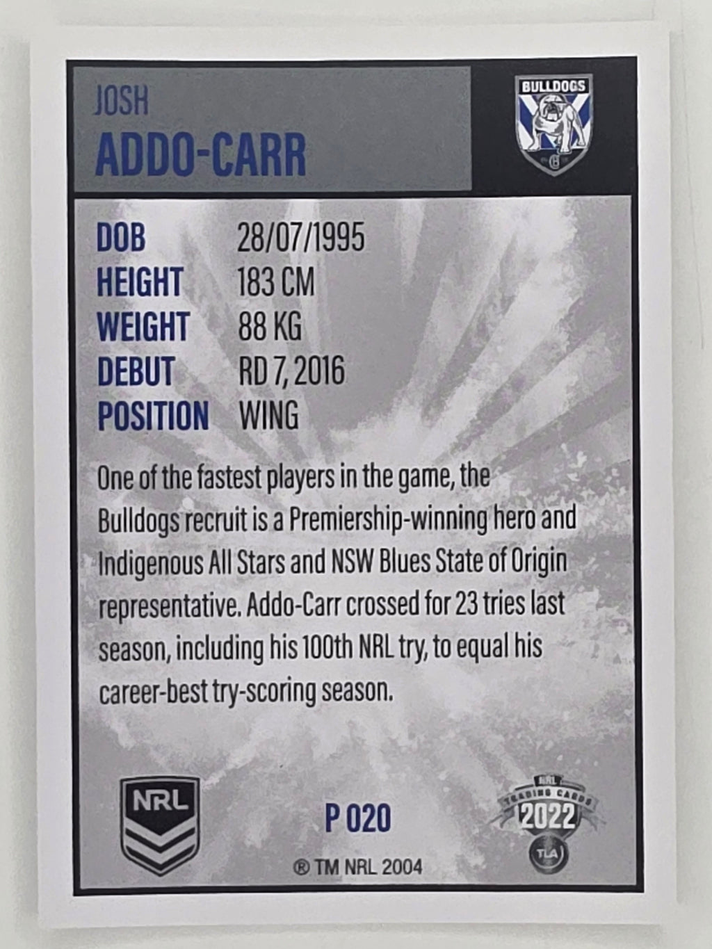 NRL 2022 Elite Silver Parallel #020 Josh Addo-Carr Canterbury Bankstown Bulldogs