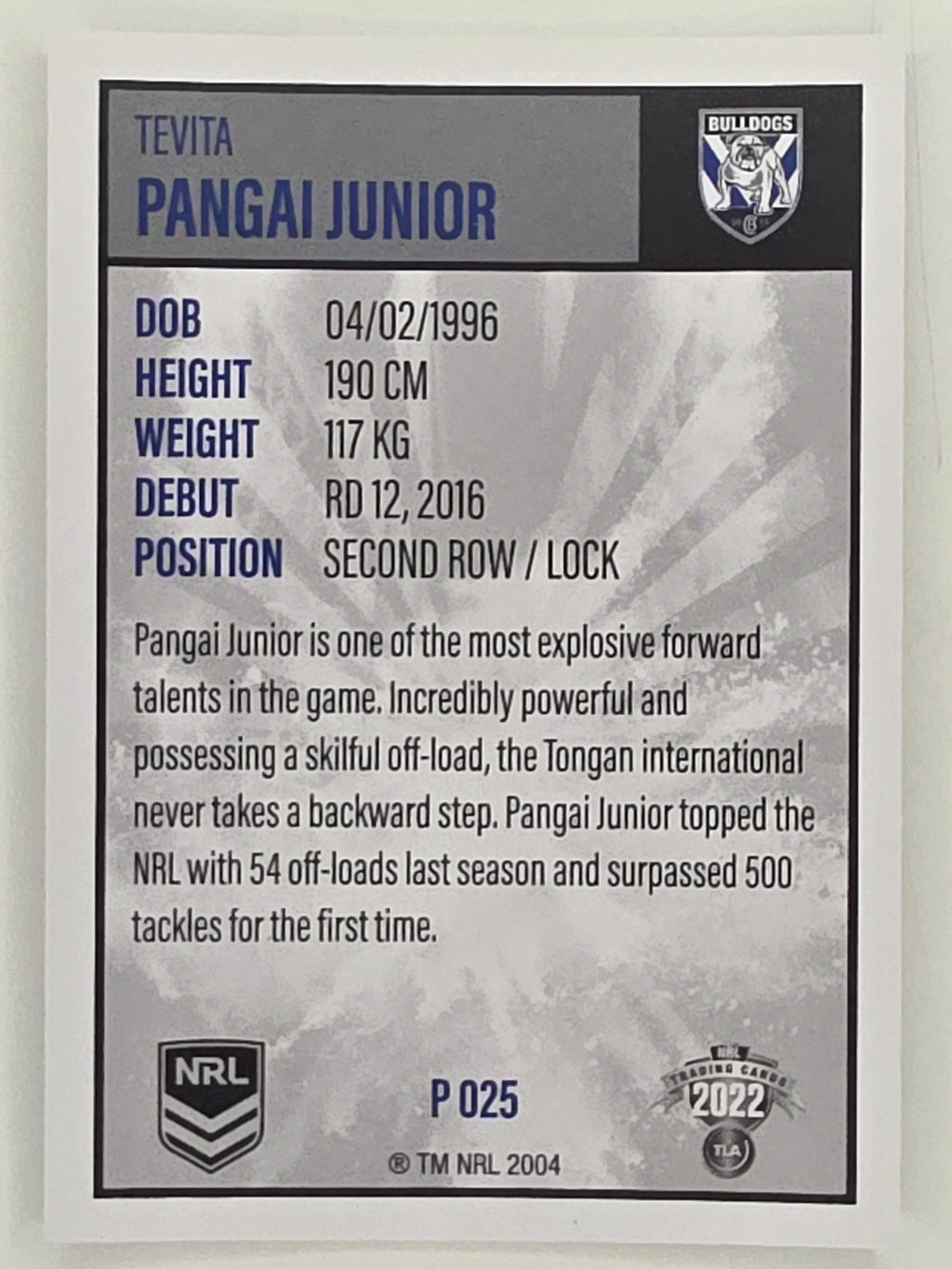 NRL 2022 Elite Silver Parallel #025 Tevita Pangai Junior Canterbury Bankstown Bulldogs