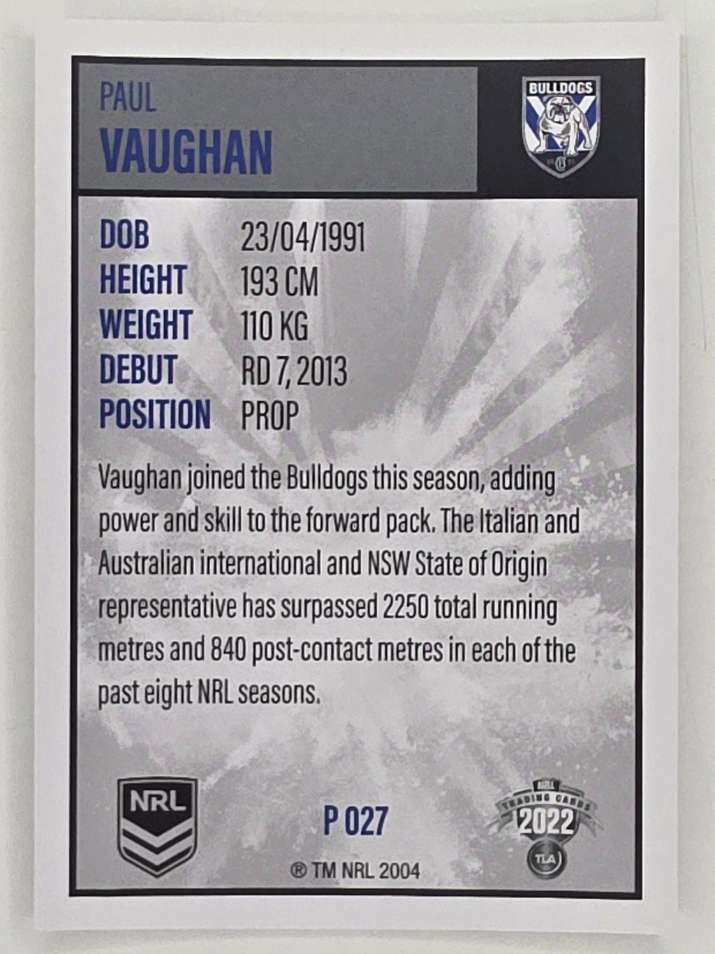 NRL 2022 Elite Silver Parallel #027 Paul Vaughan Canterbury Bankstown Bulldogs