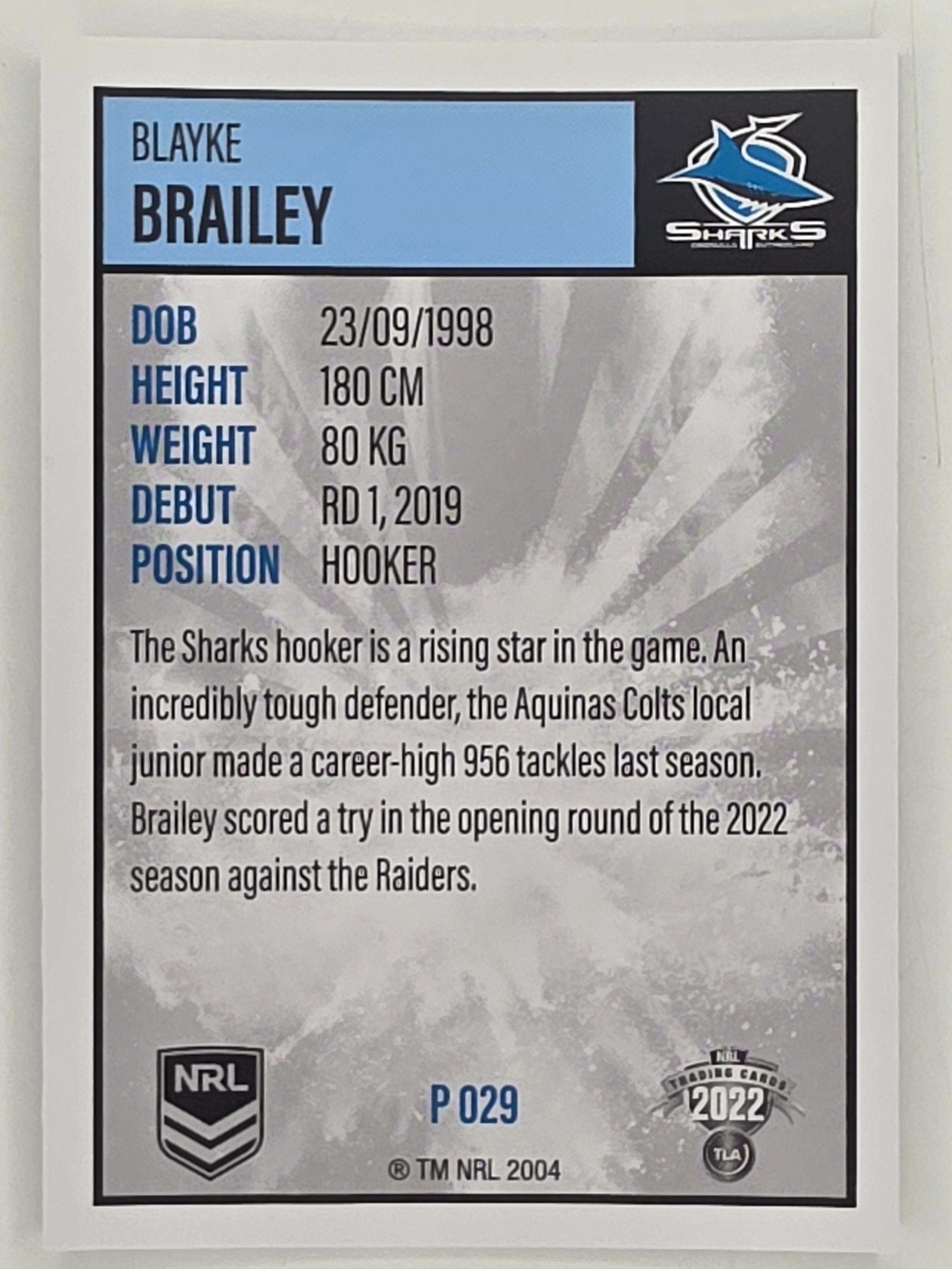 NRL 2022 Elite Silver Parallel #029 Blayke Brailey Cronulla Sutherland Sharks
