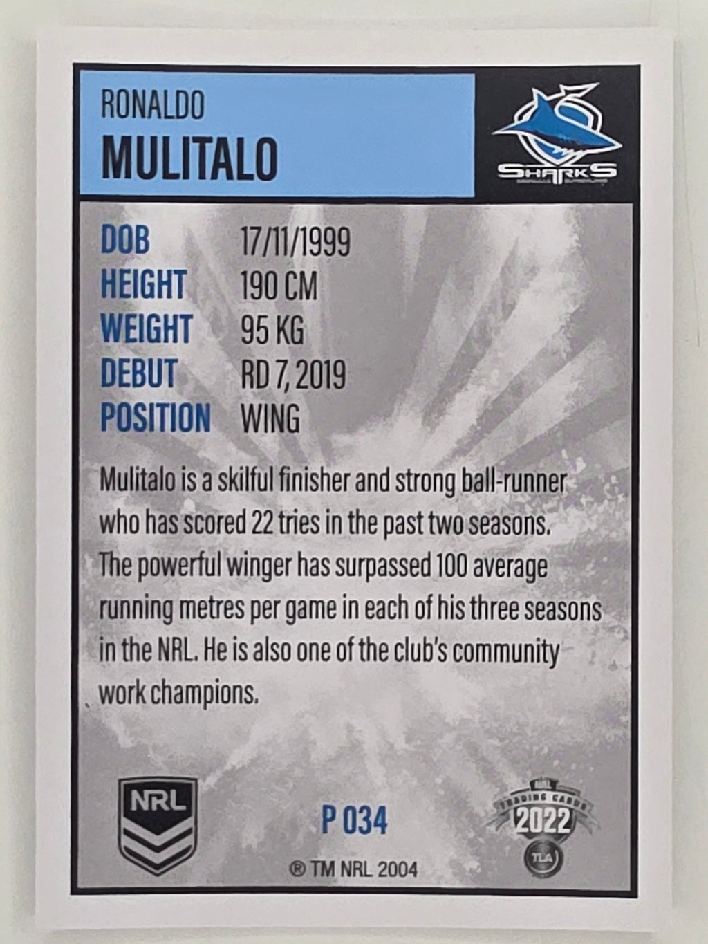 NRL 2022 Elite Silver Parallel #034 Ronaldo Mulitalo Cronulla Sutherland Sharks