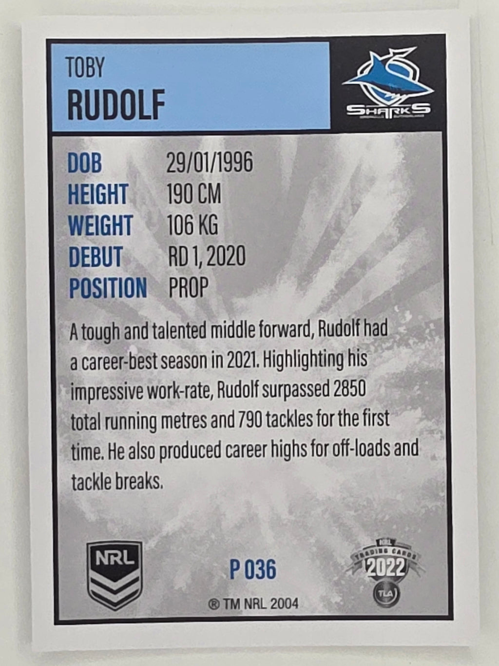 NRL 2022 Elite Silver Parallel #036 Toby Rudolf Cronulla Sutherland Sharks