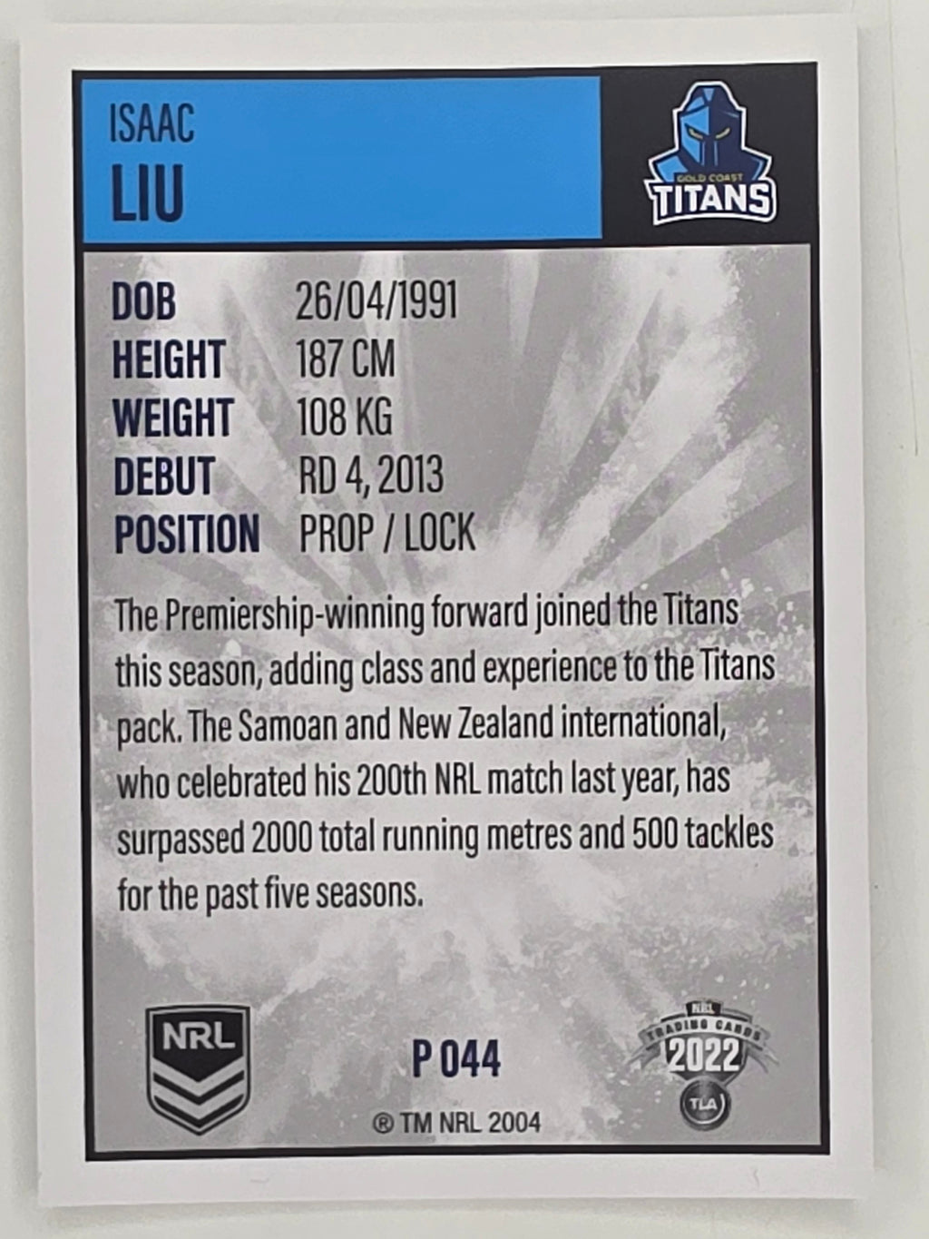 NRL 2022 Elite Silver Parallel #044 Isaac Liu Gold Coast Titans