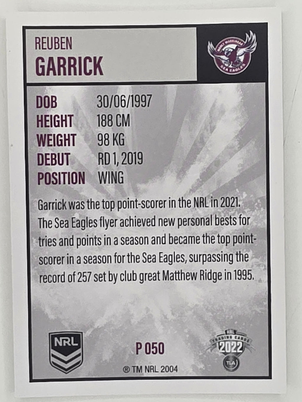 NRL 2022 Elite Silver Parallel #050 Reuben Garrick Manly Warringah Sea Eagles