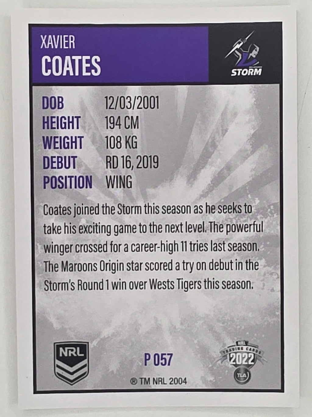 NRL 2022 Elite Silver Parallel #057 Xavier Coates Melbourne Storm