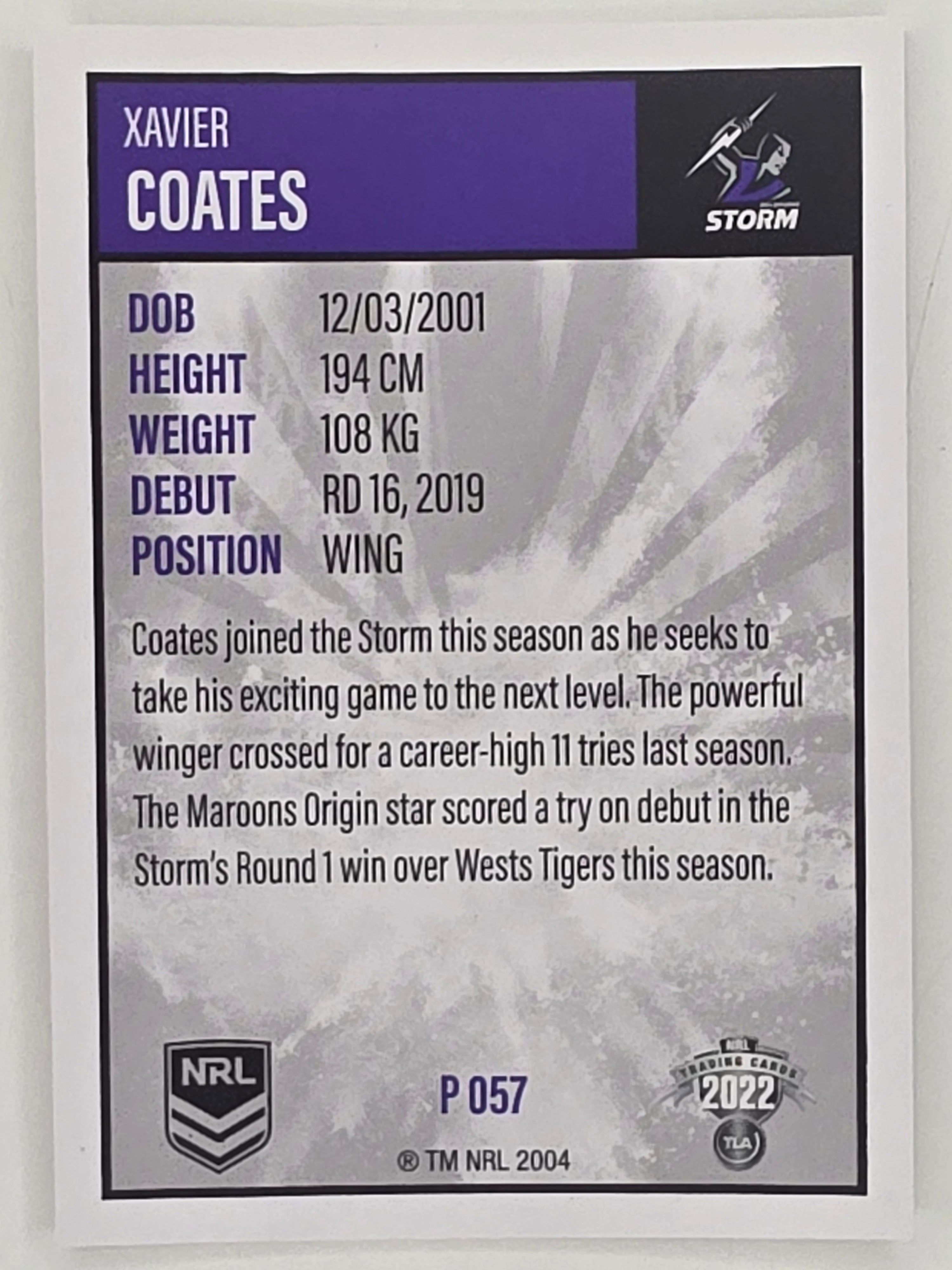 NRL 2022 Elite Silver Parallel #057 Xavier Coates Melbourne Storm