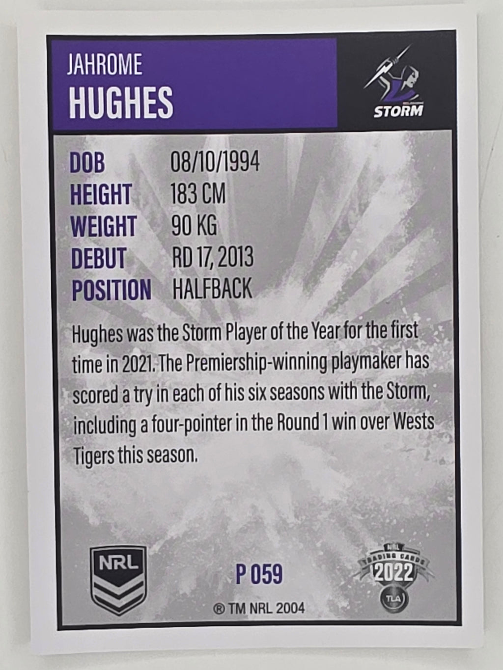 NRL 2022 Elite Silver Parallel #059 Jahrome Hughes Melbourne Storm