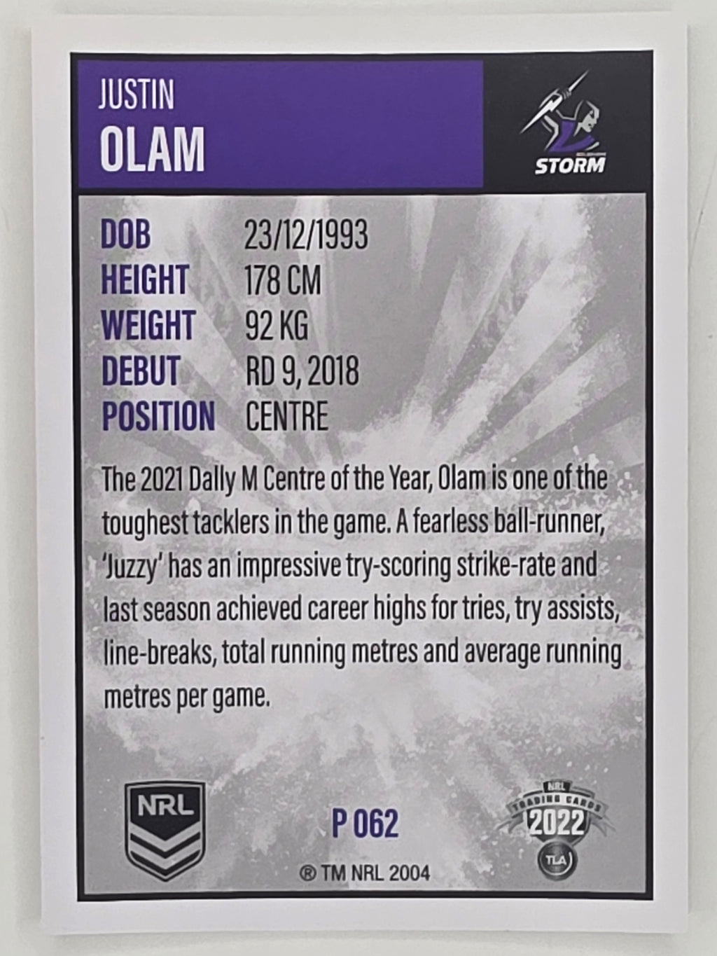 NRL 2022 Elite Silver Parallel #062 Justin Olam Melbourne Storm