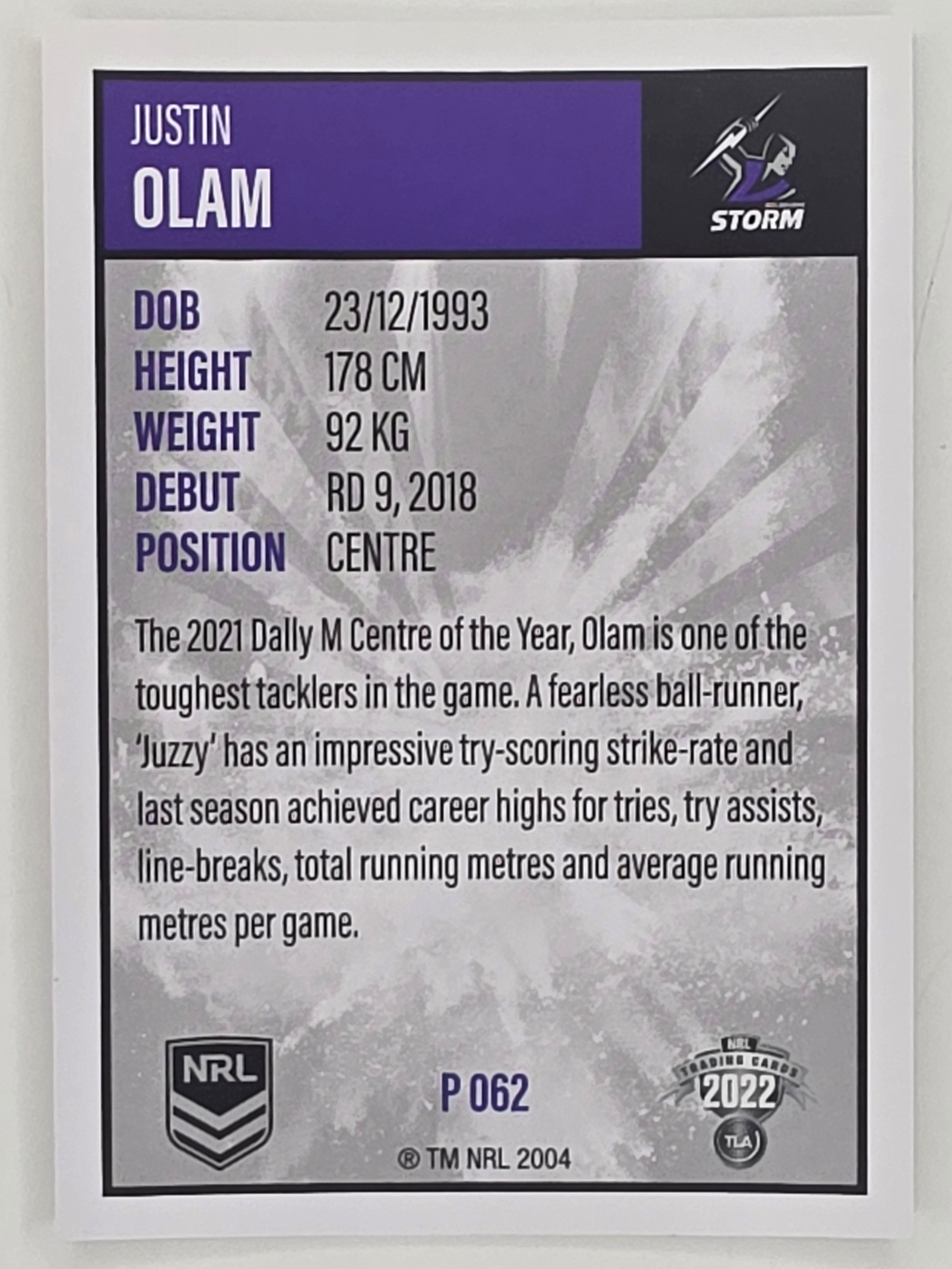 NRL 2022 Elite Silver Parallel #062 Justin Olam Melbourne Storm
