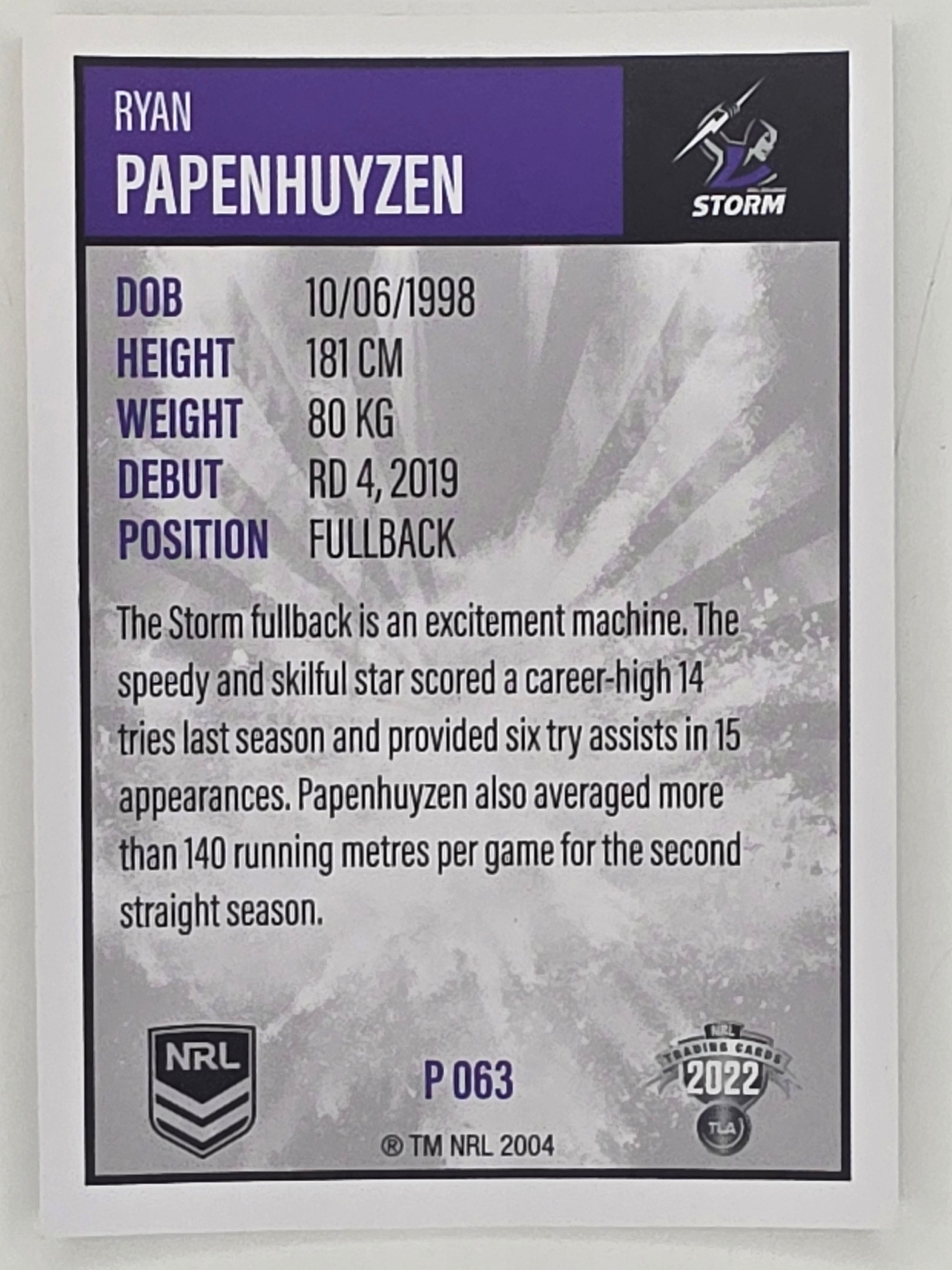 NRL 2022 Elite Silver Parallel #063 Ryan Papenhuyzen Melbourne Storm