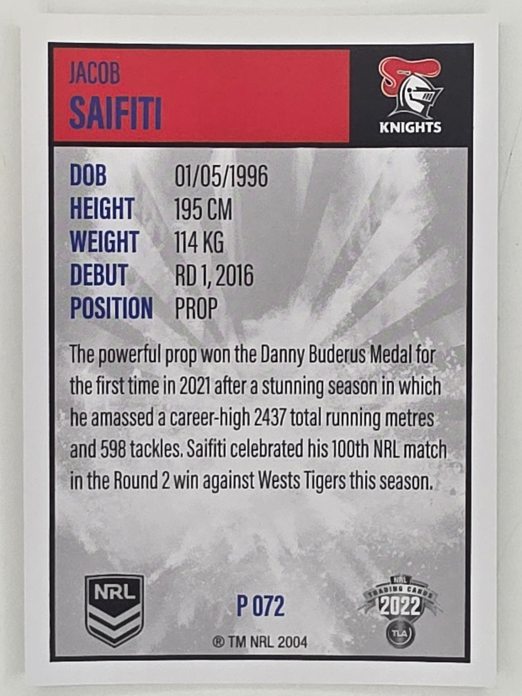 NRL 2022 Elite Silver Parallel #072 Jacob Saifiti Newcastle Knights
