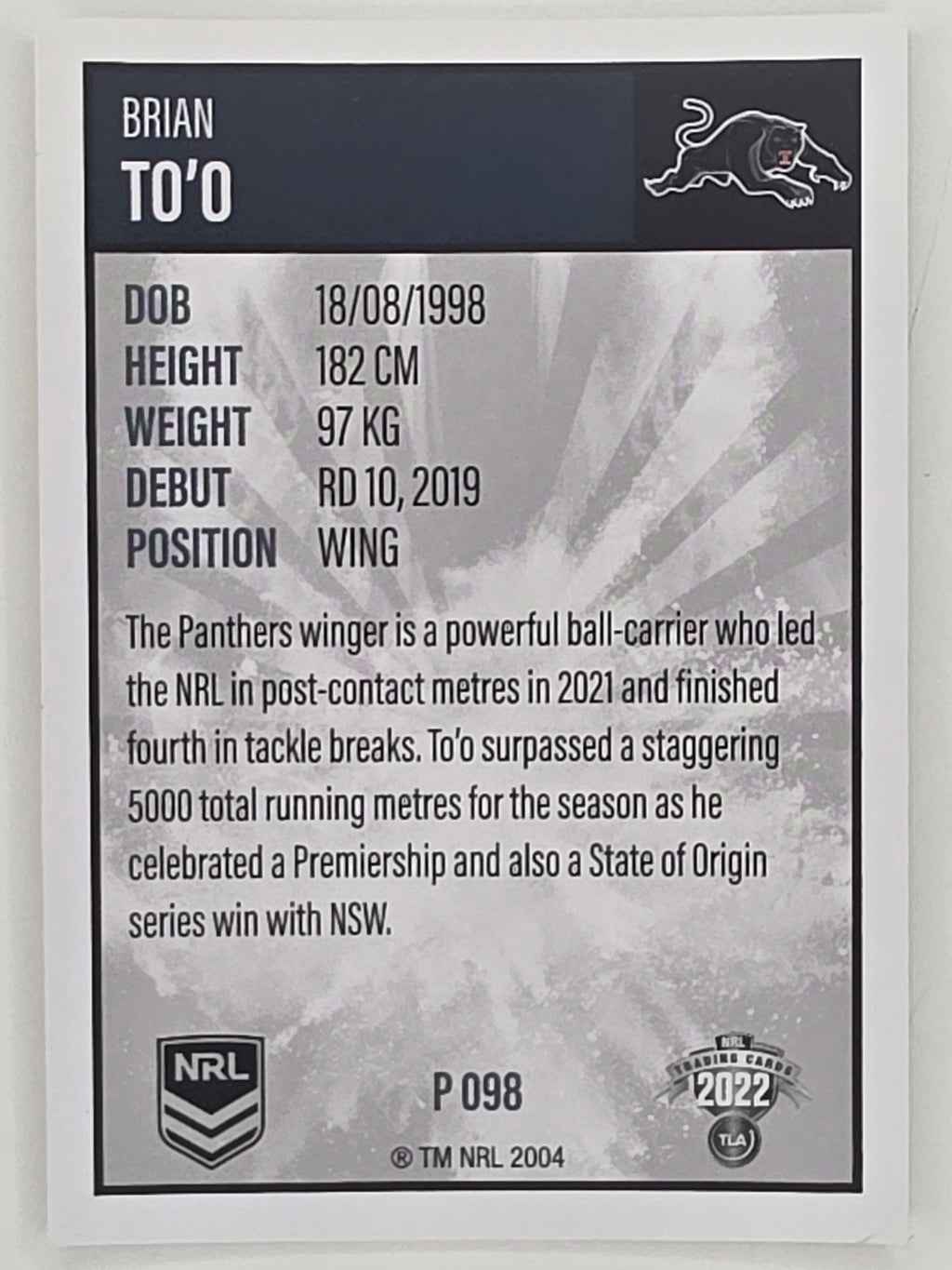 NRL 2022 Elite Silver Parallel #098 Brian To’o Penrith Panthers
