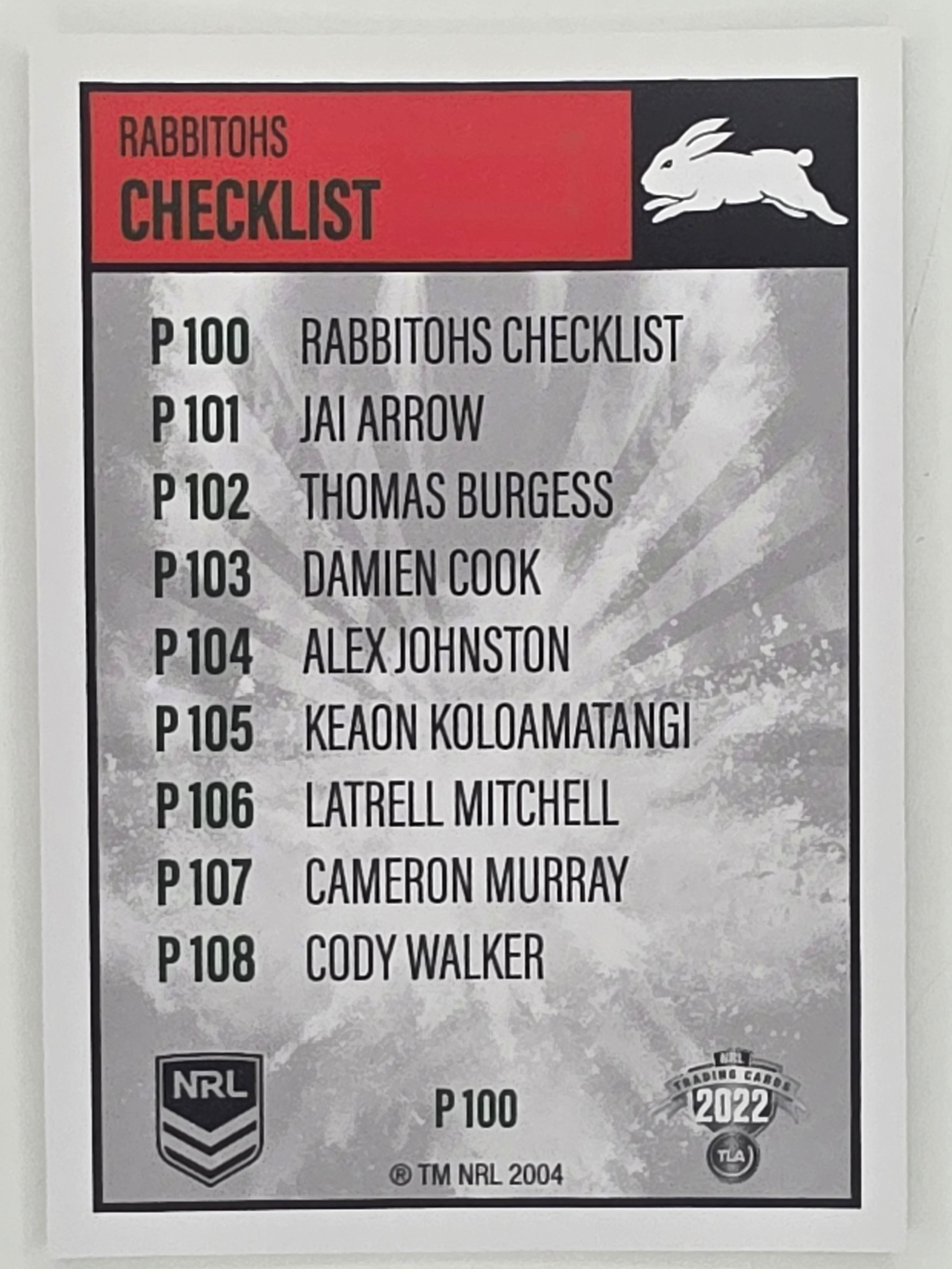 NRL 2022 Elite Silver Parallel #100 Rabbitohs Checklist South Sydney Rabbitohs