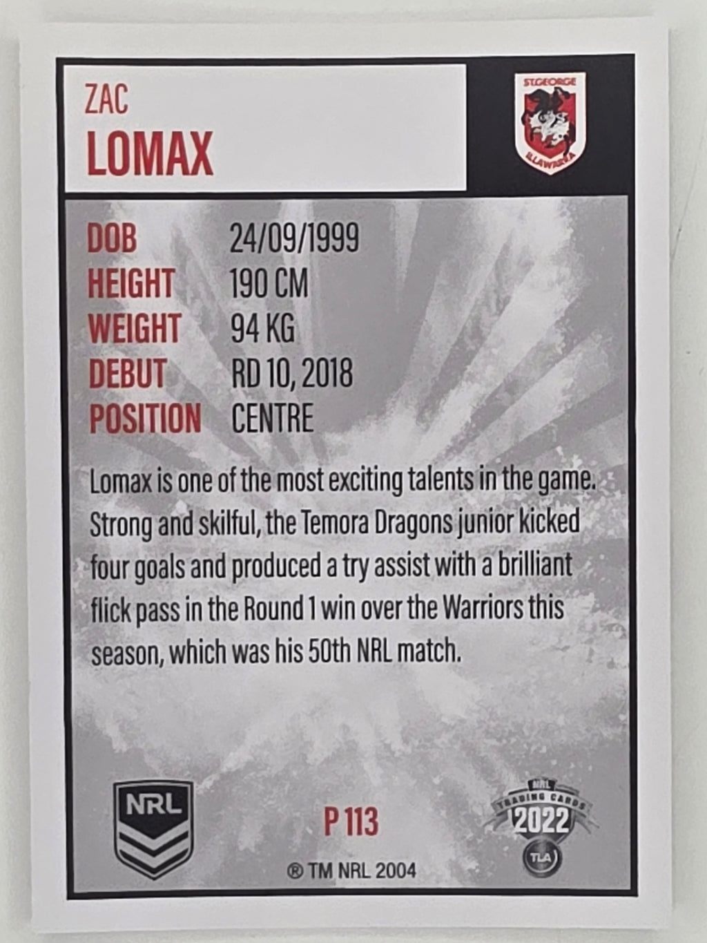 NRL 2022 Elite Silver Parallel #113 Zac Lomax St George Illawarra Dragons